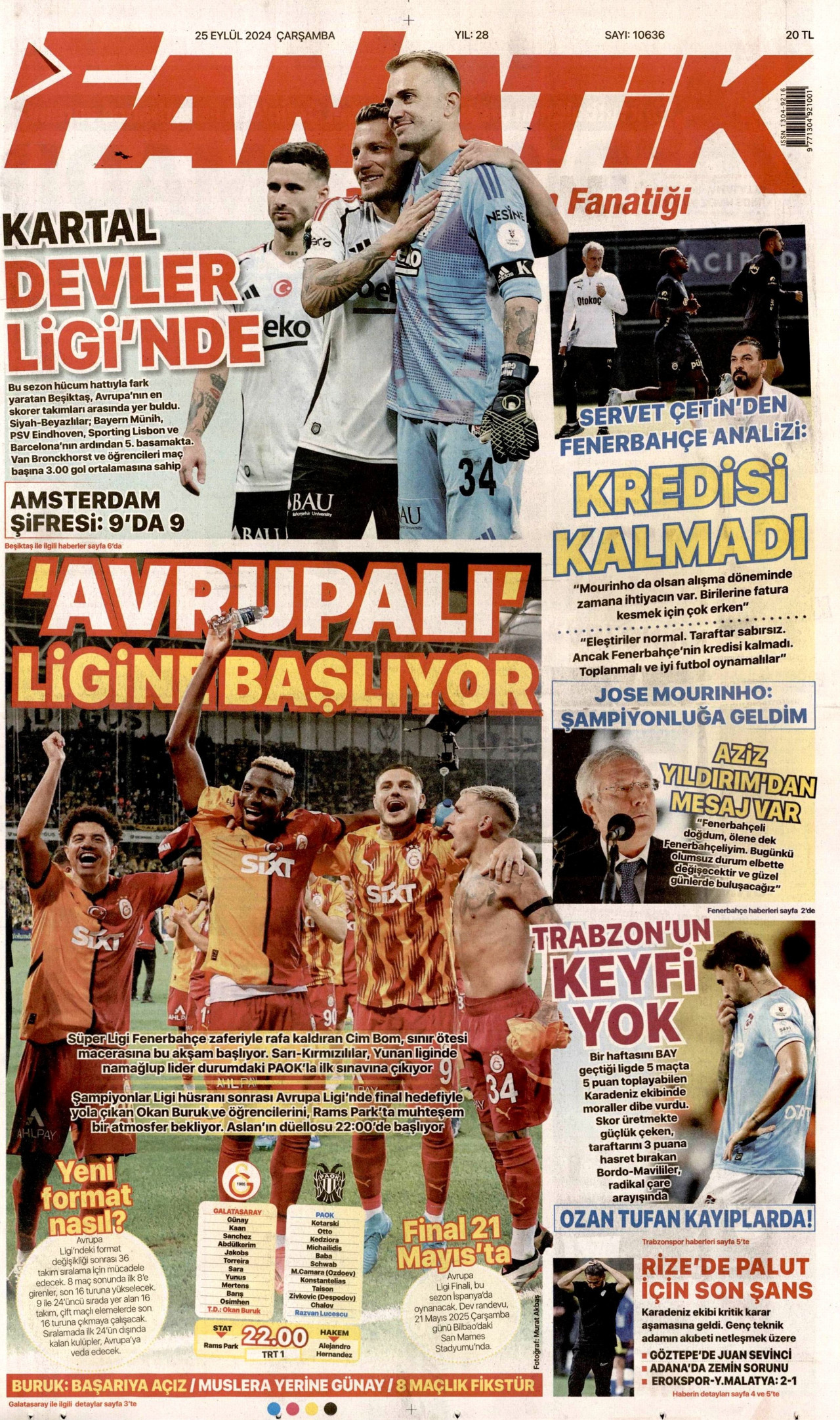 FANATİK gazetesinin 25 Eylül 2024 tarihli birinci sayfası