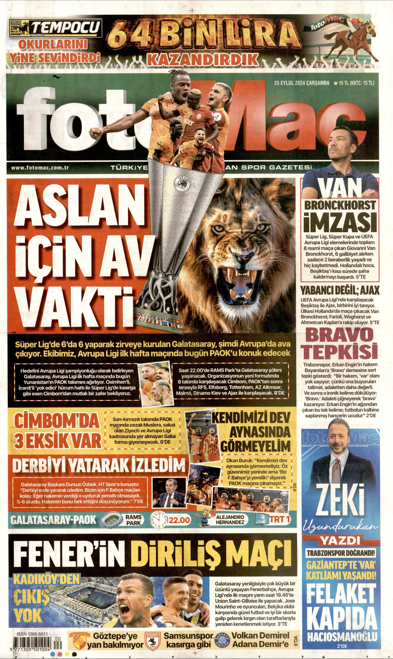 FOTOMAÇ gazetesinin 25 Eylül 2024 tarihli birinci sayfası
