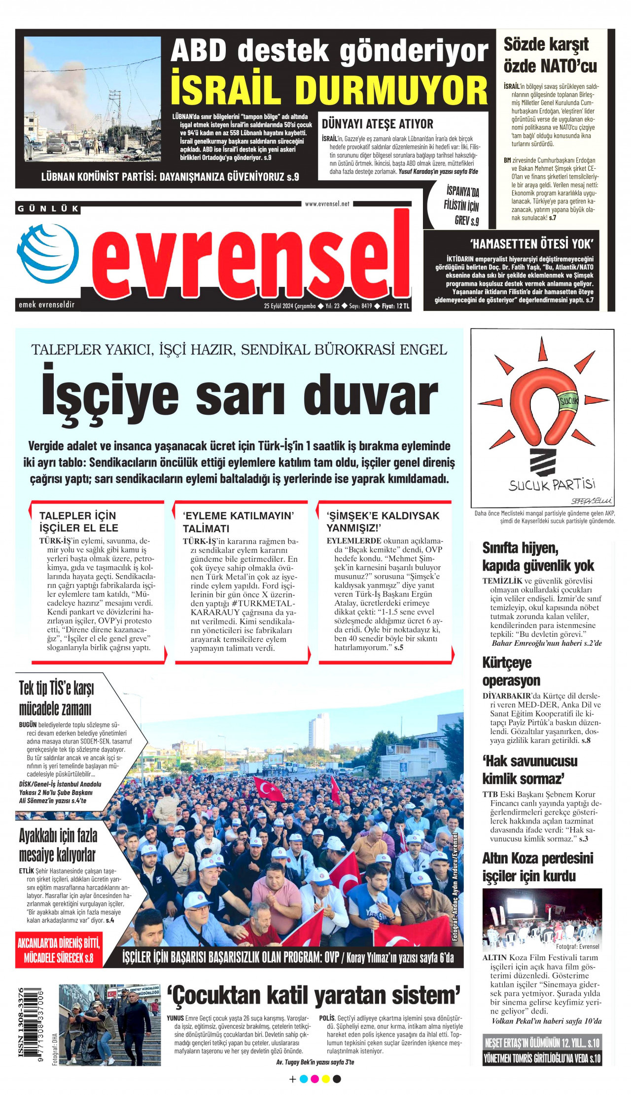 EVRENSEL gazetesinin 25 Eylül 2024 tarihli birinci sayfası