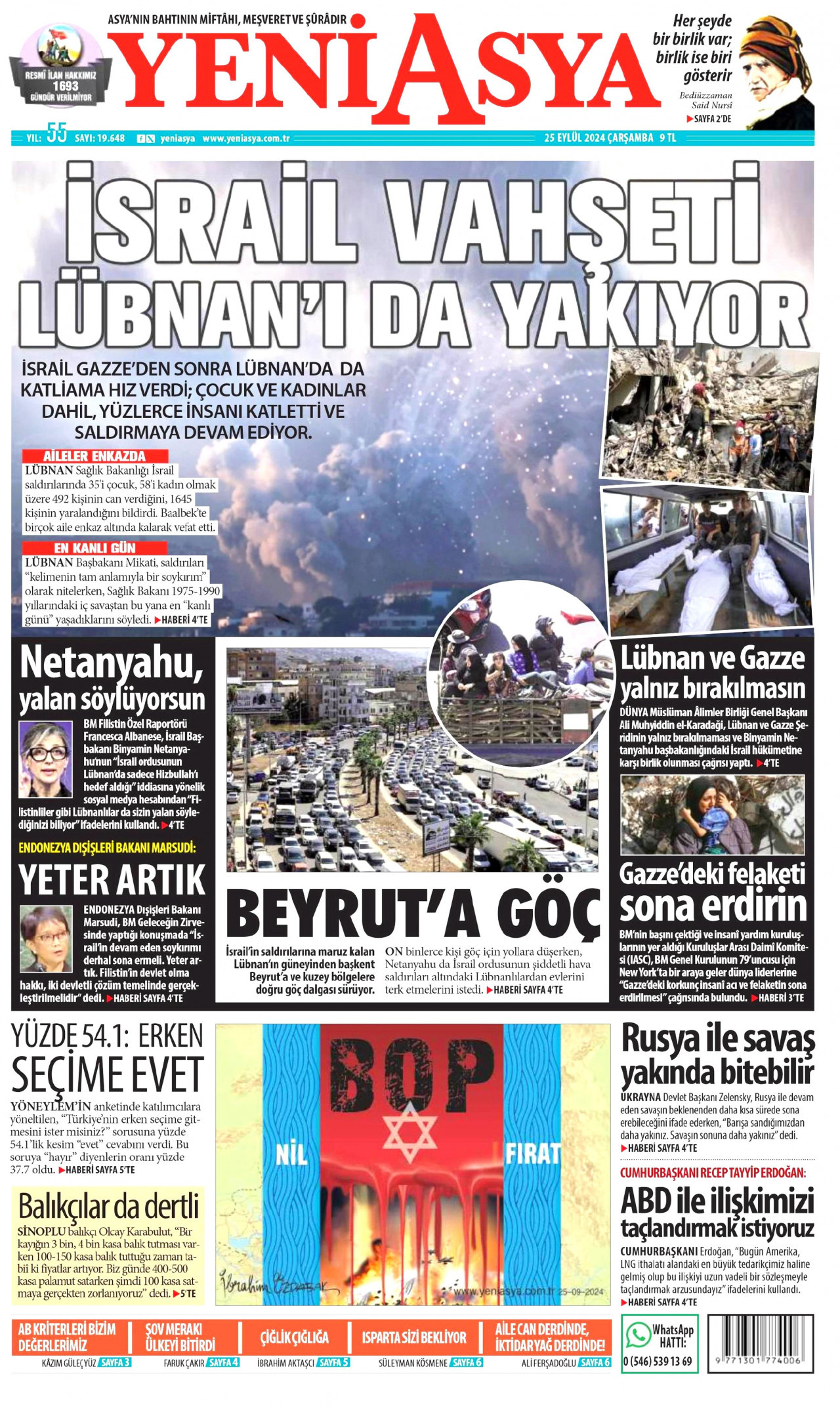 YENİ ASYA gazetesinin 25 Eylül 2024 tarihli birinci sayfası