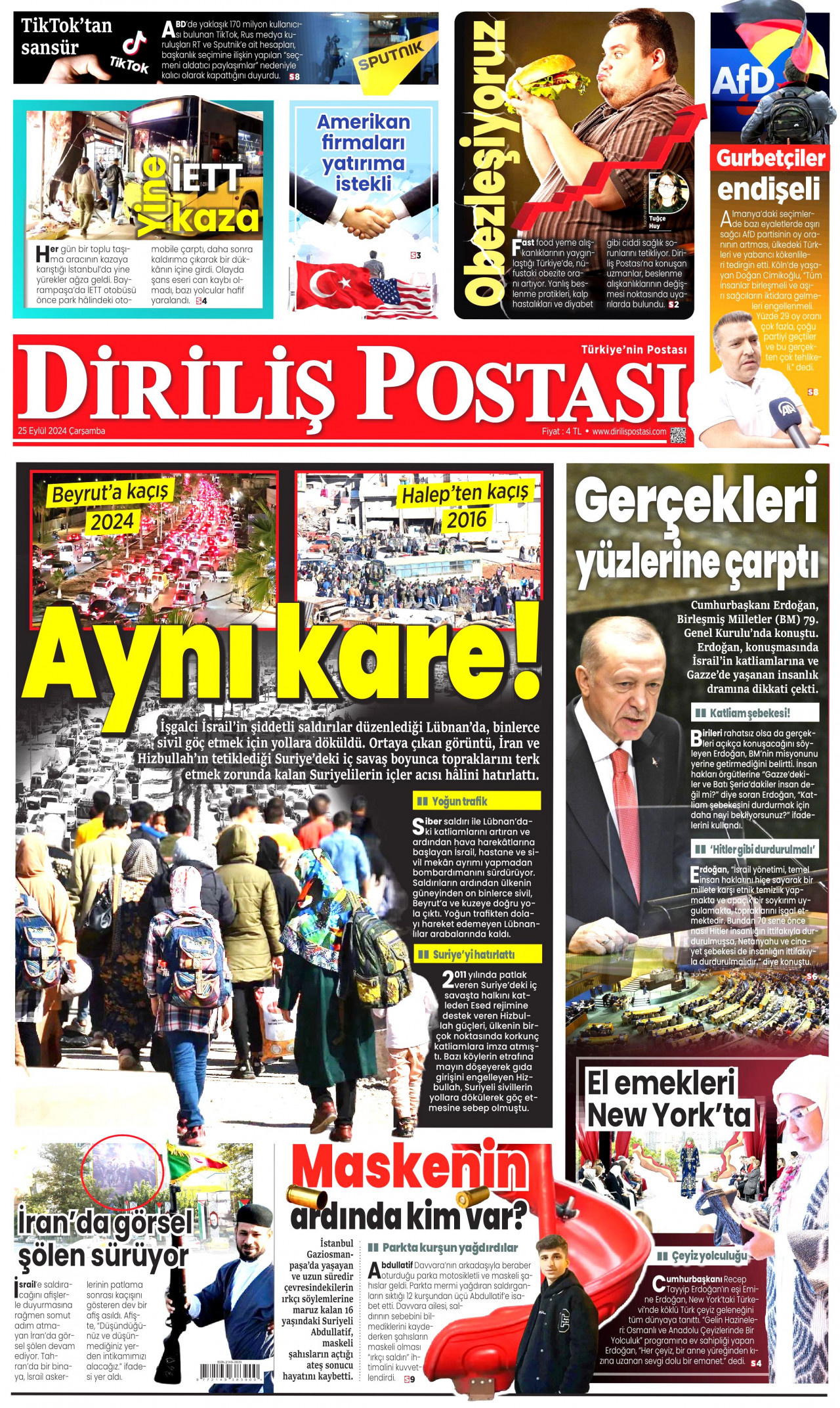 DİRİLİŞ POSTASI gazetesinin 25 Eylül 2024 tarihli birinci sayfası