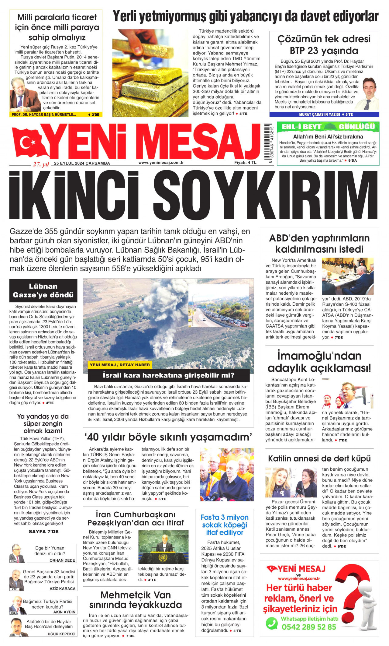 YENİ MESAJ gazetesinin 25 Eylül 2024 tarihli birinci sayfası