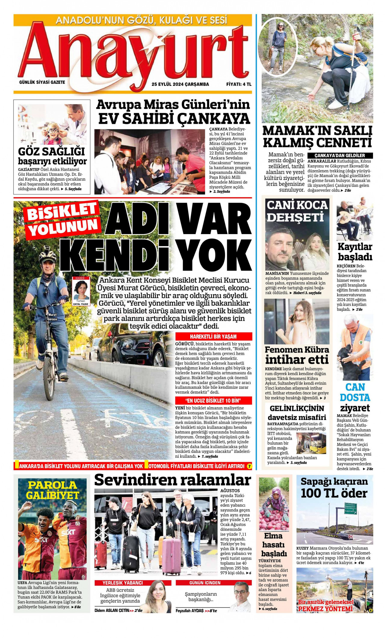 ANAYURT gazetesinin 25 Eylül 2024 tarihli birinci sayfası