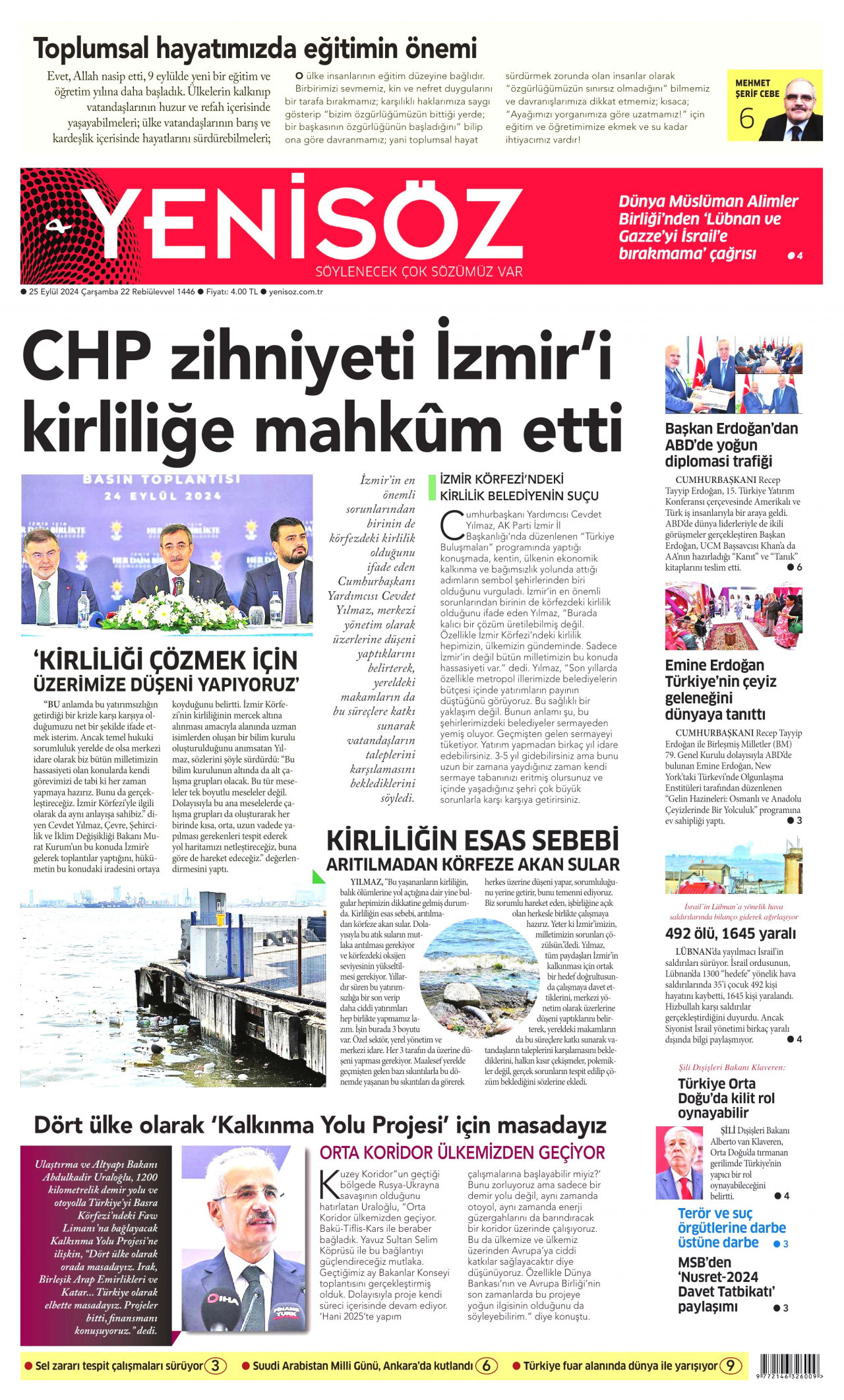 YENİ SÖZ GAZETESİ gazetesinin 25 Eylül 2024 tarihli birinci sayfası