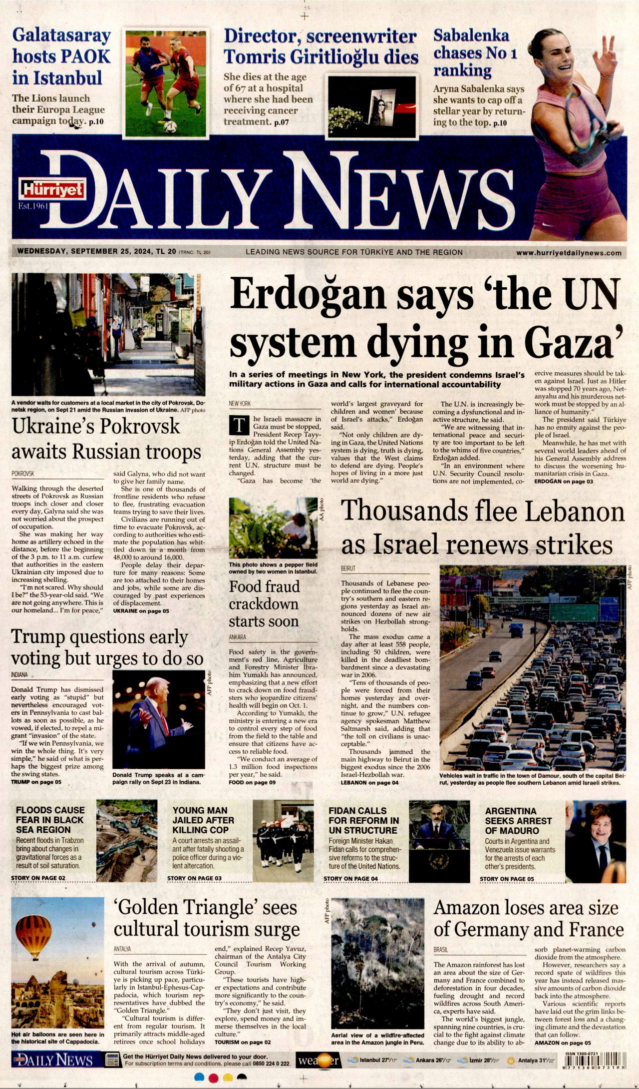 HÜRRİYET DAİLY NEWS gazetesinin 25 Eylül 2024 tarihli birinci sayfası