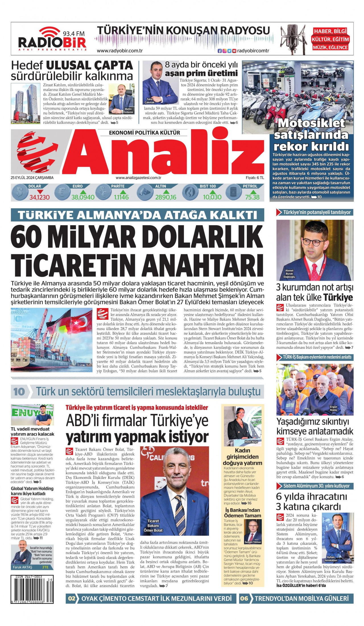 ANALİZ gazetesinin 25 Eylül 2024 tarihli birinci sayfası