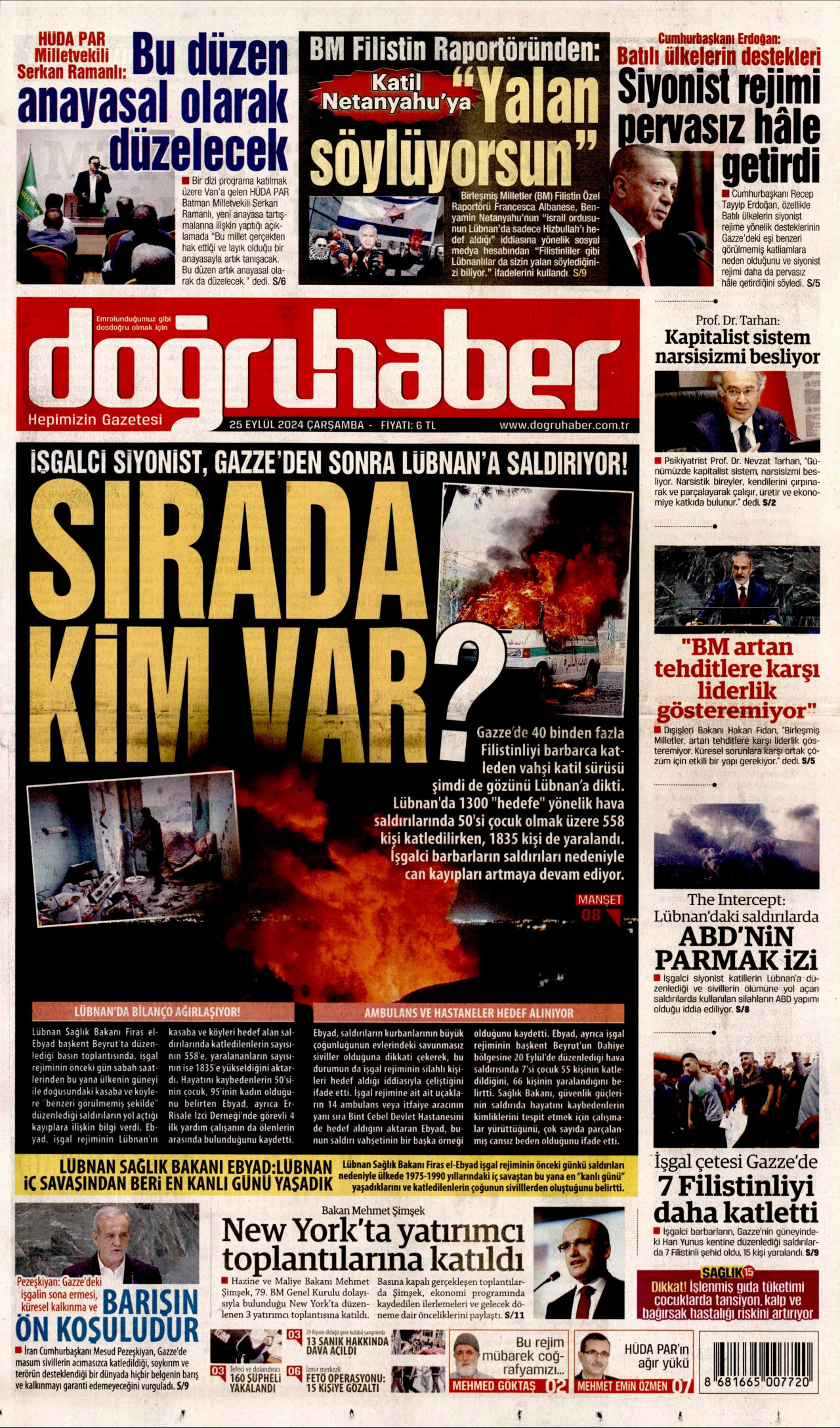 DOĞRU HABER gazetesinin 25 Eylül 2024 tarihli birinci sayfası