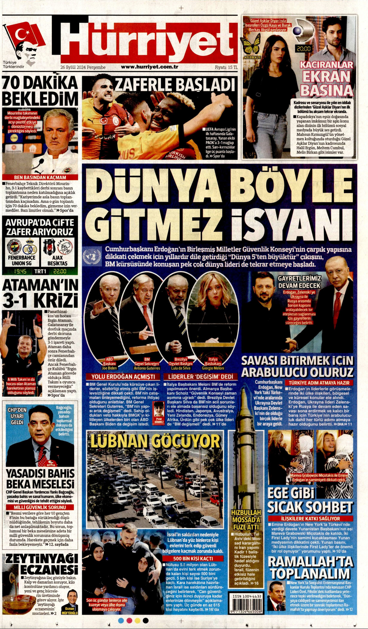 HÜRRİYET gazetesinin 26 Eylül 2024 tarihli birinci sayfası
