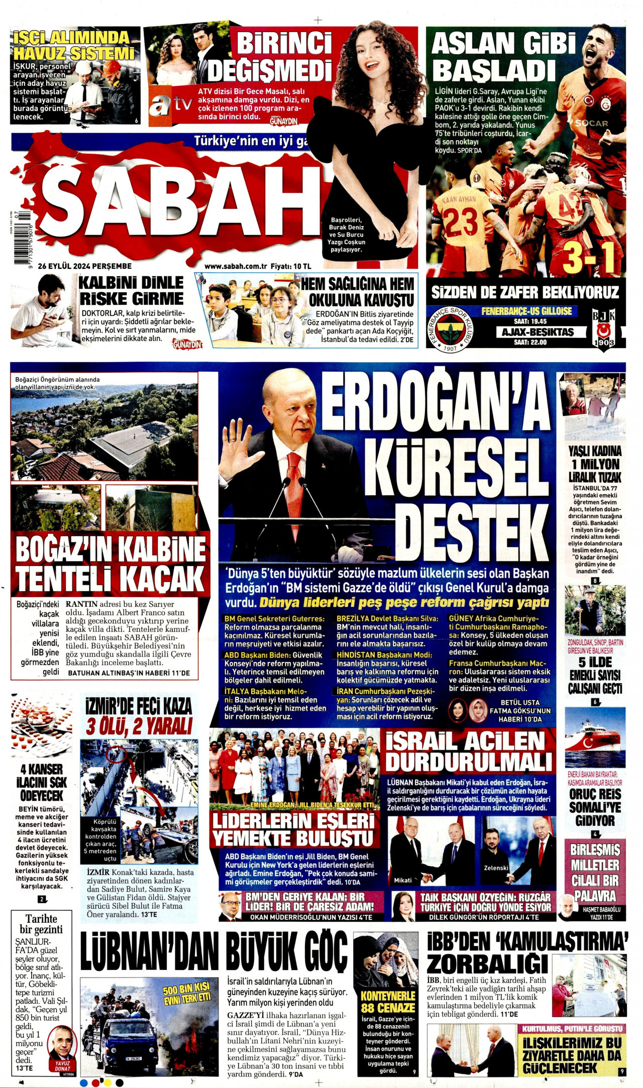 SABAH gazetesinin 26 Eylül 2024 tarihli birinci sayfası