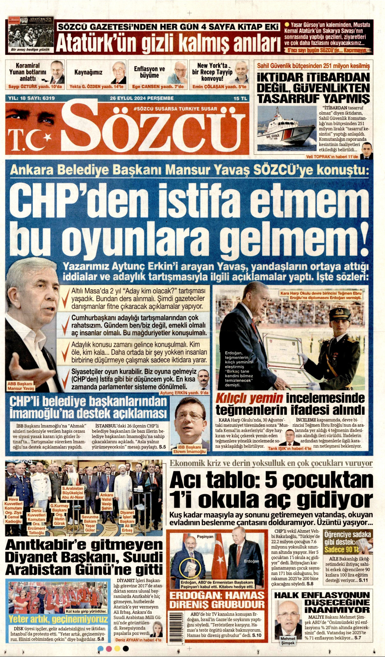 SÖZCÜ gazetesinin 26 Eylül 2024 tarihli birinci sayfası