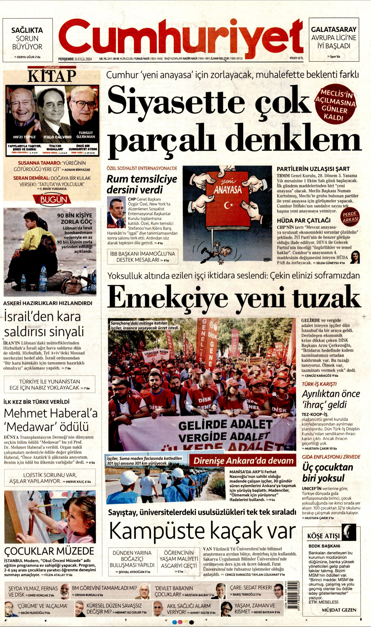 CUMHURİYET gazetesinin 26 Eylül 2024 tarihli birinci sayfası
