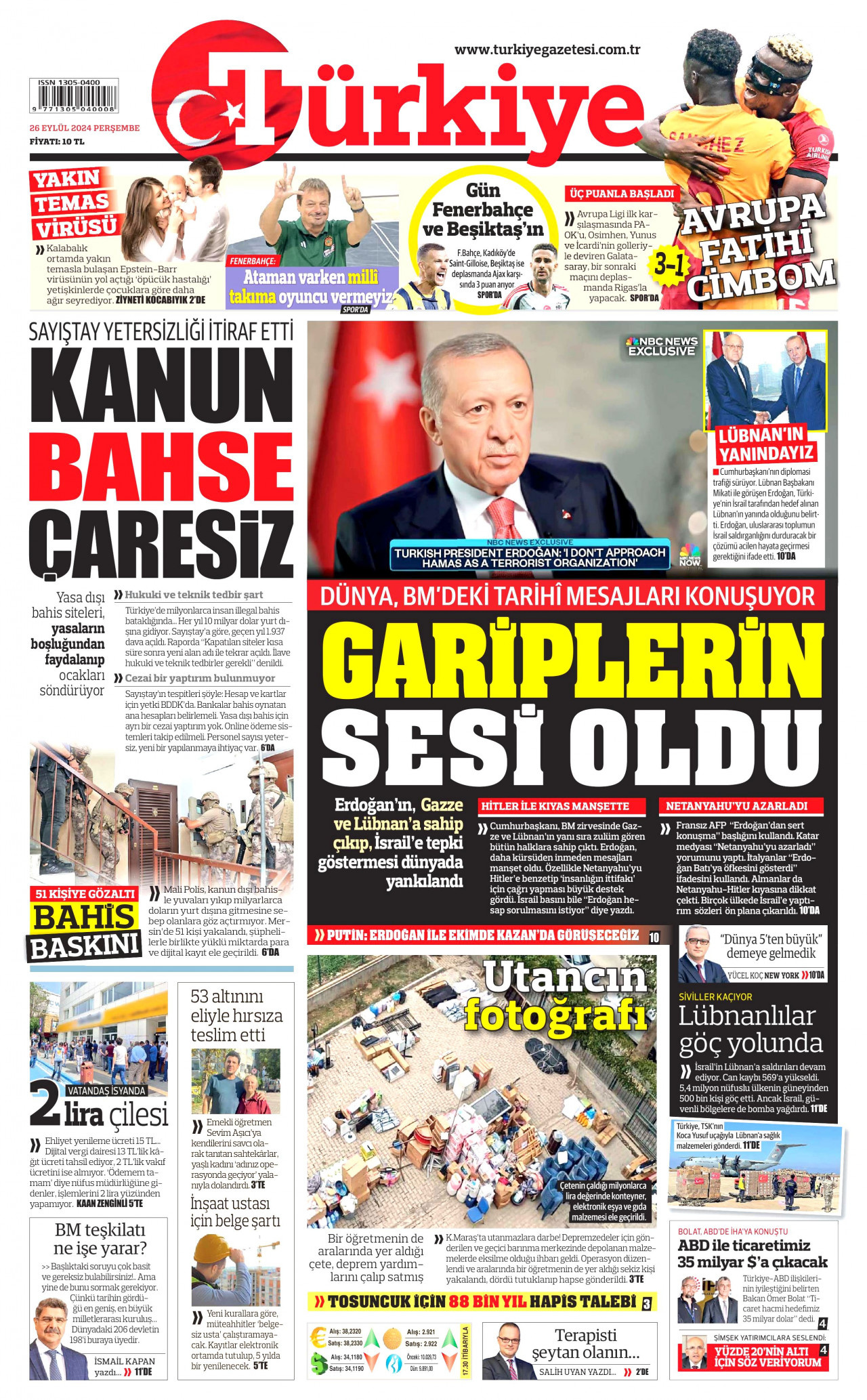 TÜRKİYE GAZETESİ gazetesinin 26 Eylül 2024 tarihli birinci sayfası