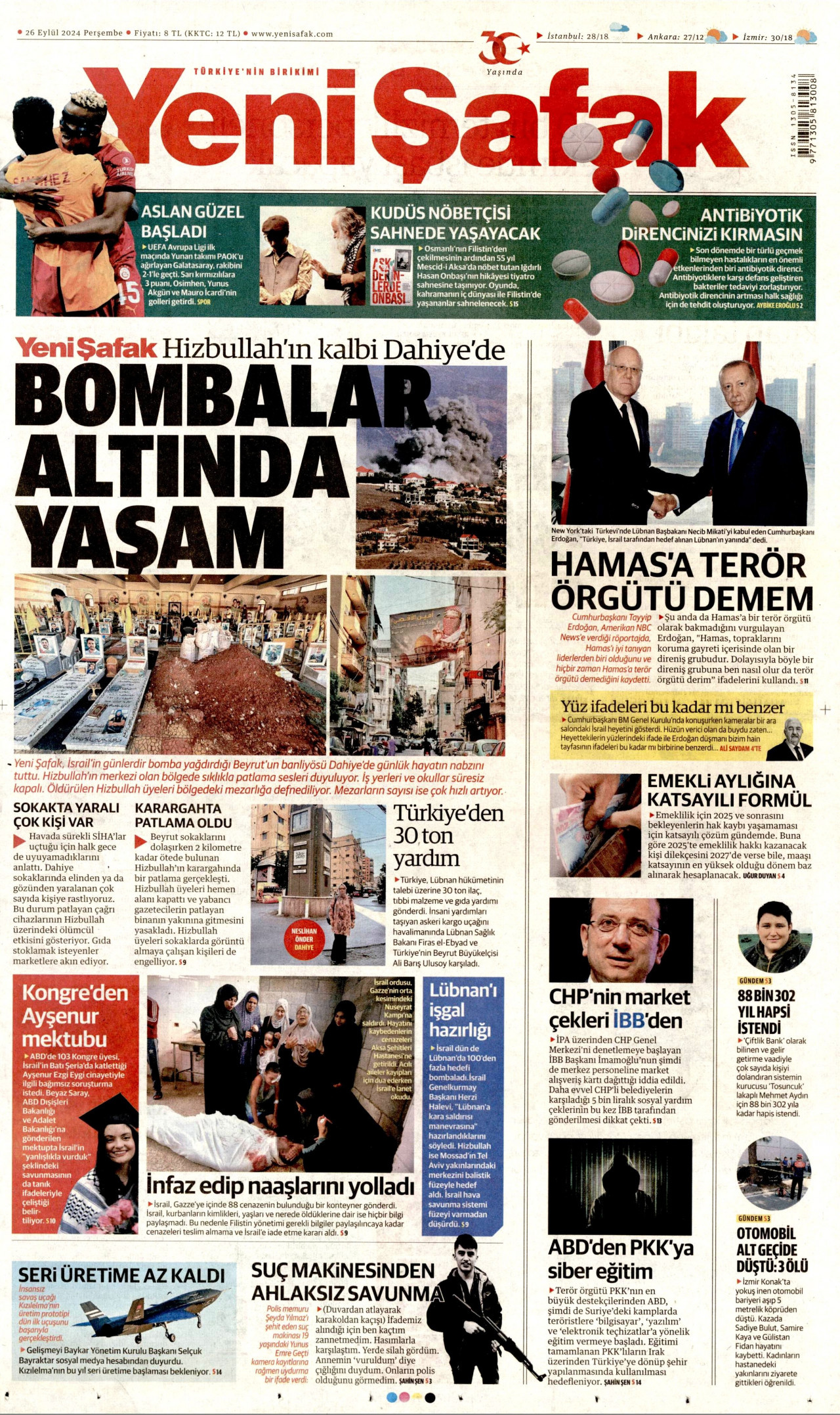 YENİ ŞAFAK gazetesinin 26 Eylül 2024 tarihli birinci sayfası