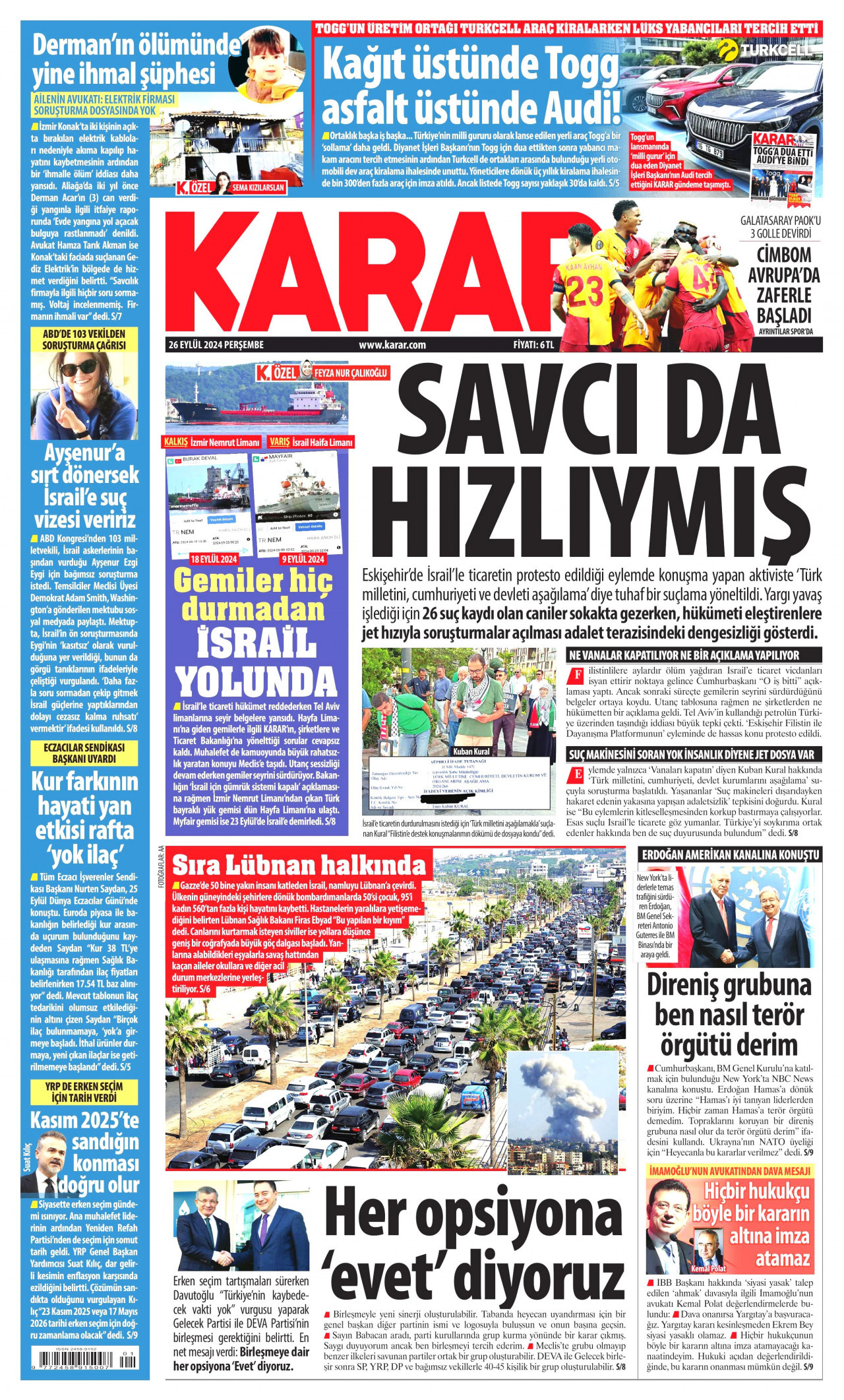 KARAR gazetesinin 26 Eylül 2024 tarihli birinci sayfası
