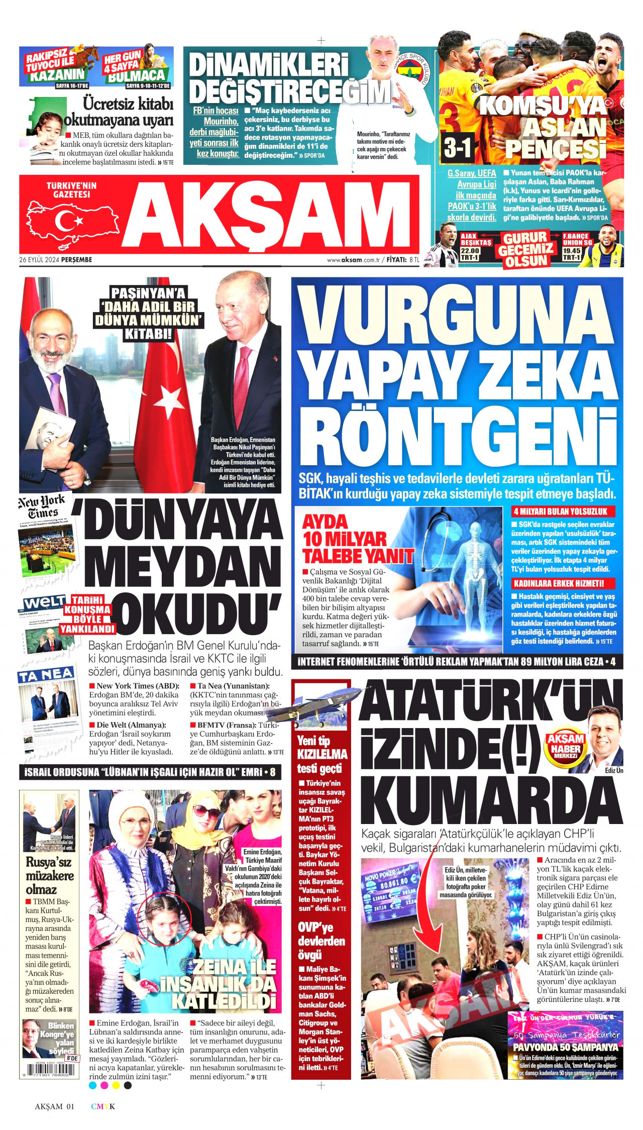 AKŞAM gazetesinin 26 Eylül 2024 tarihli birinci sayfası