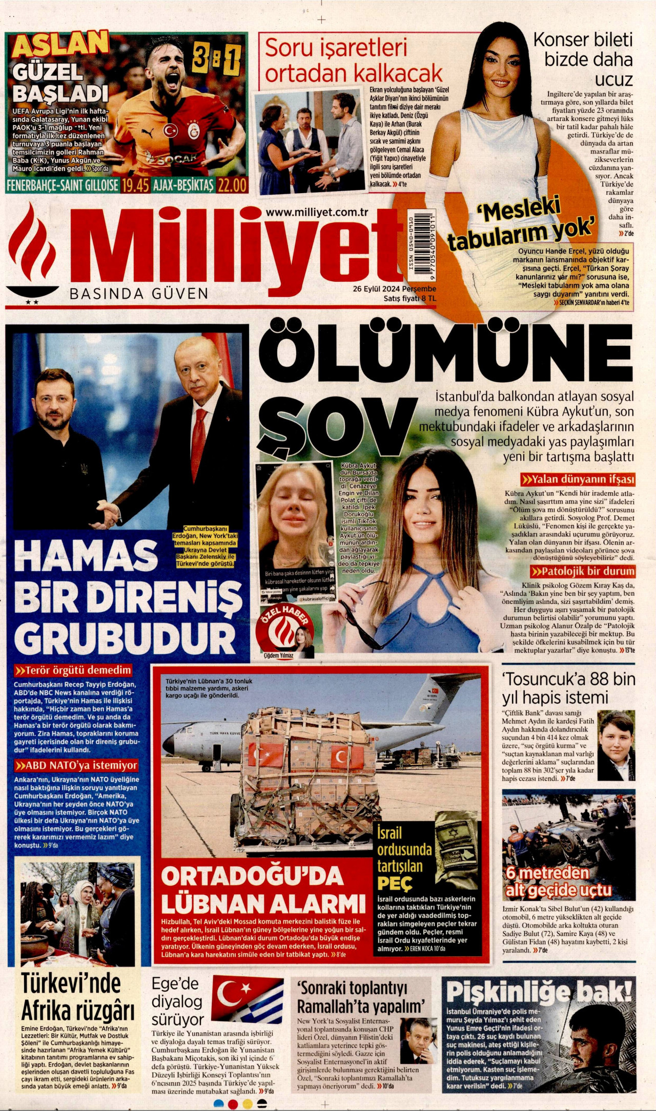 MİLLİYET gazetesinin 26 Eylül 2024 tarihli birinci sayfası