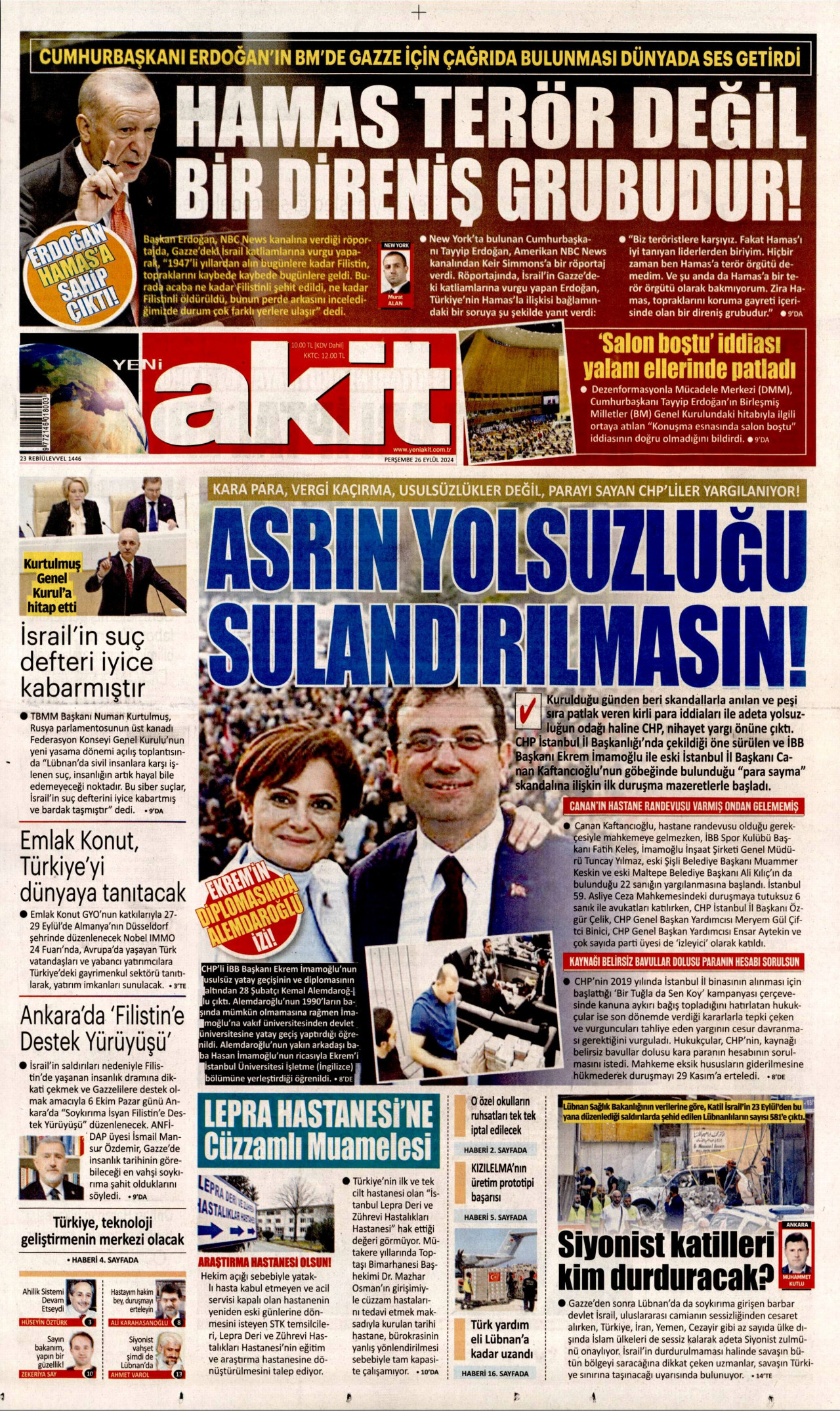 YENİ AKİT gazetesinin 26 Eylül 2024 tarihli birinci sayfası