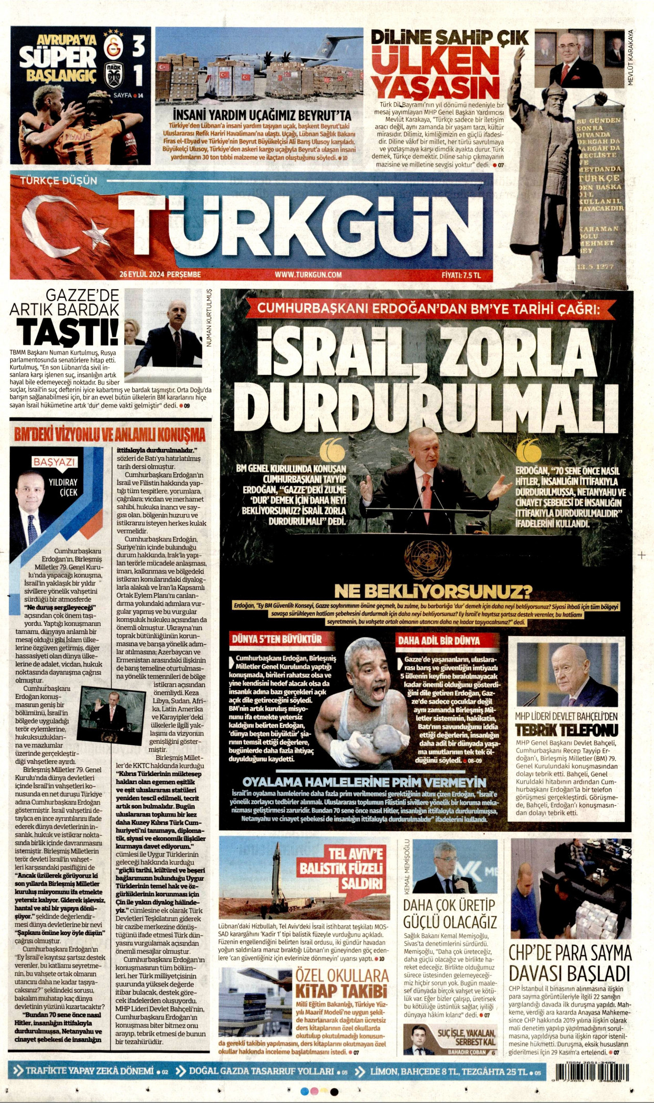 TÜRKGÜN gazetesinin 26 Eylül 2024 tarihli birinci sayfası