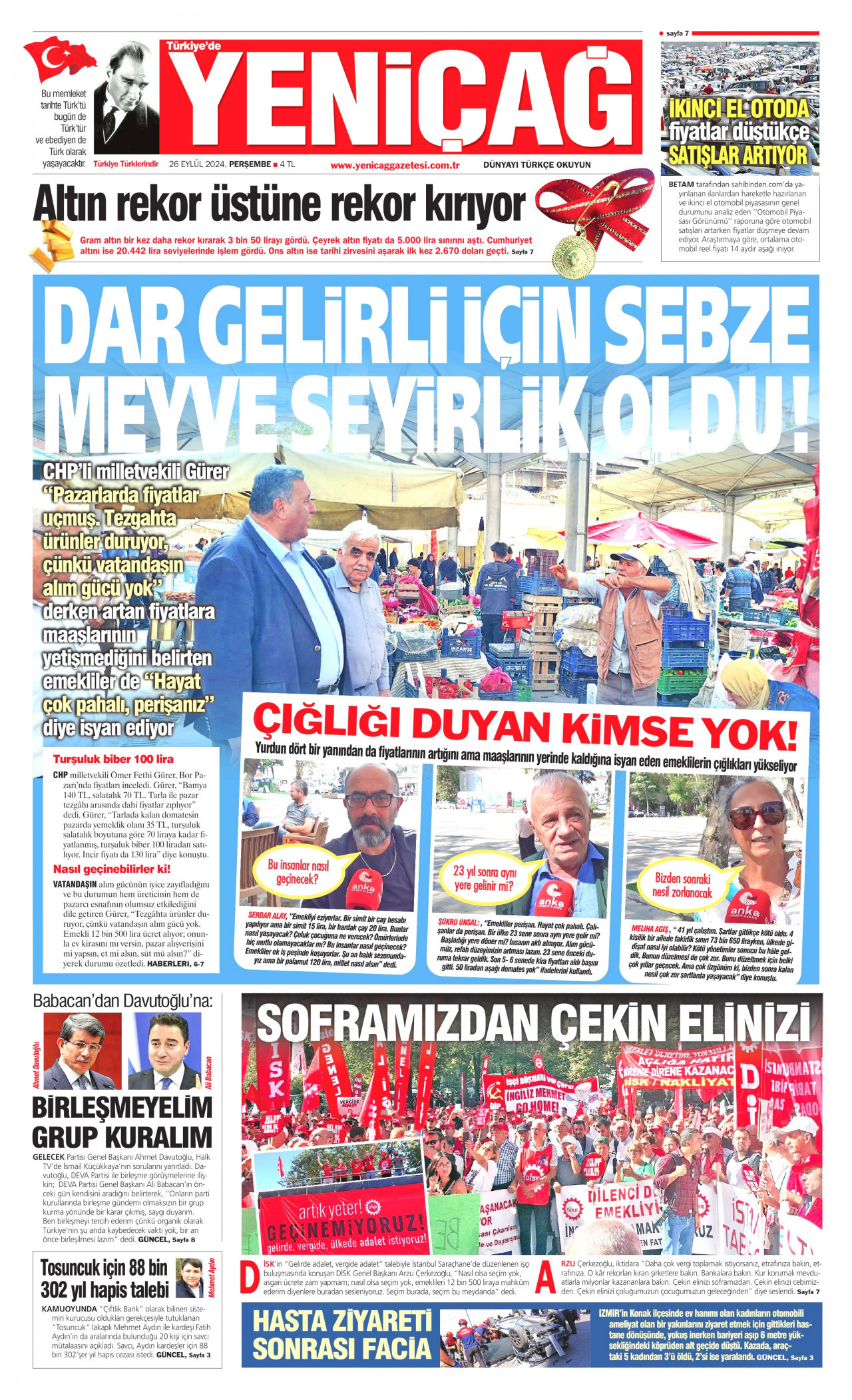 YENİÇAĞ gazetesinin 26 Eylül 2024 tarihli birinci sayfası
