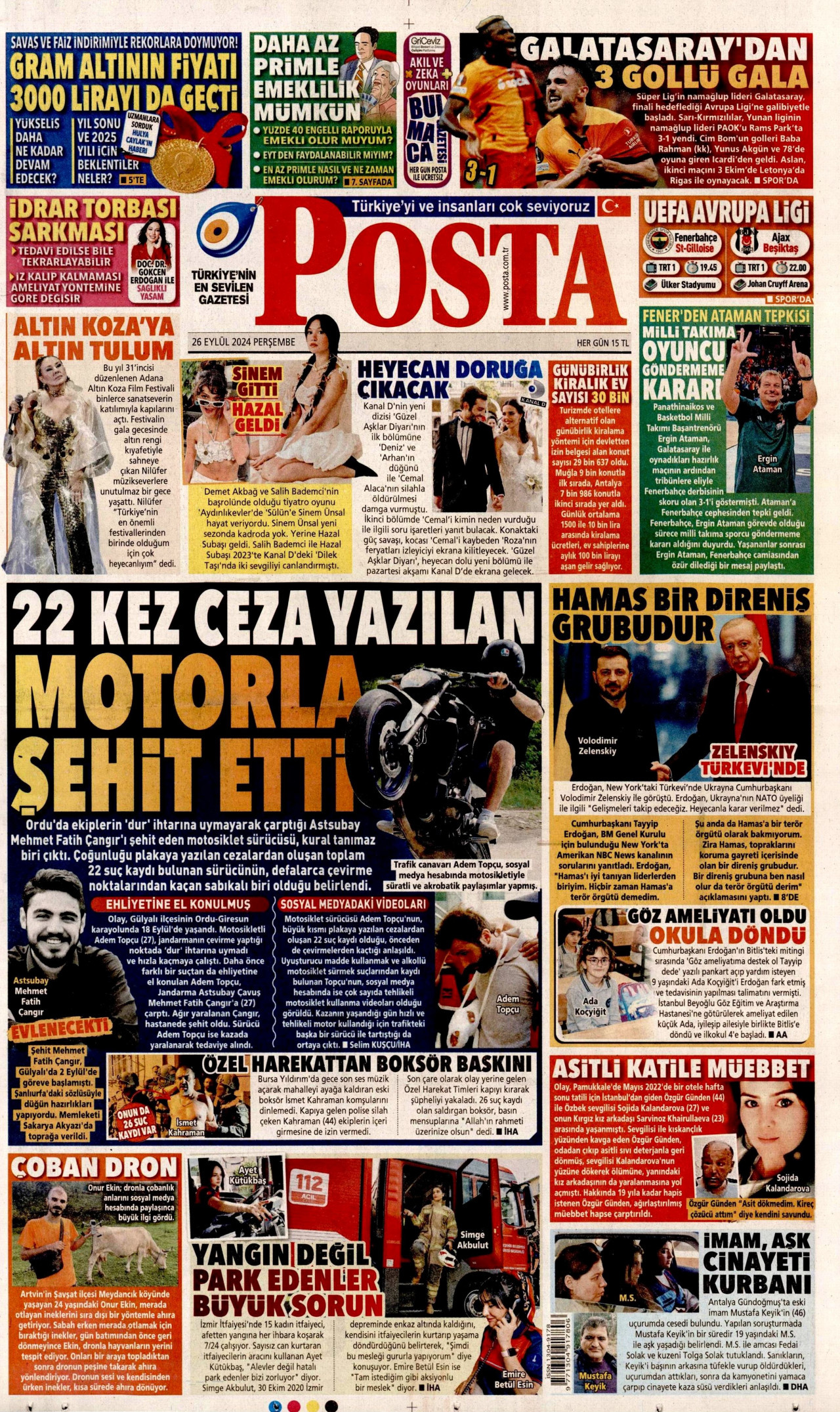 POSTA gazetesinin 26 Eylül 2024 tarihli birinci sayfası