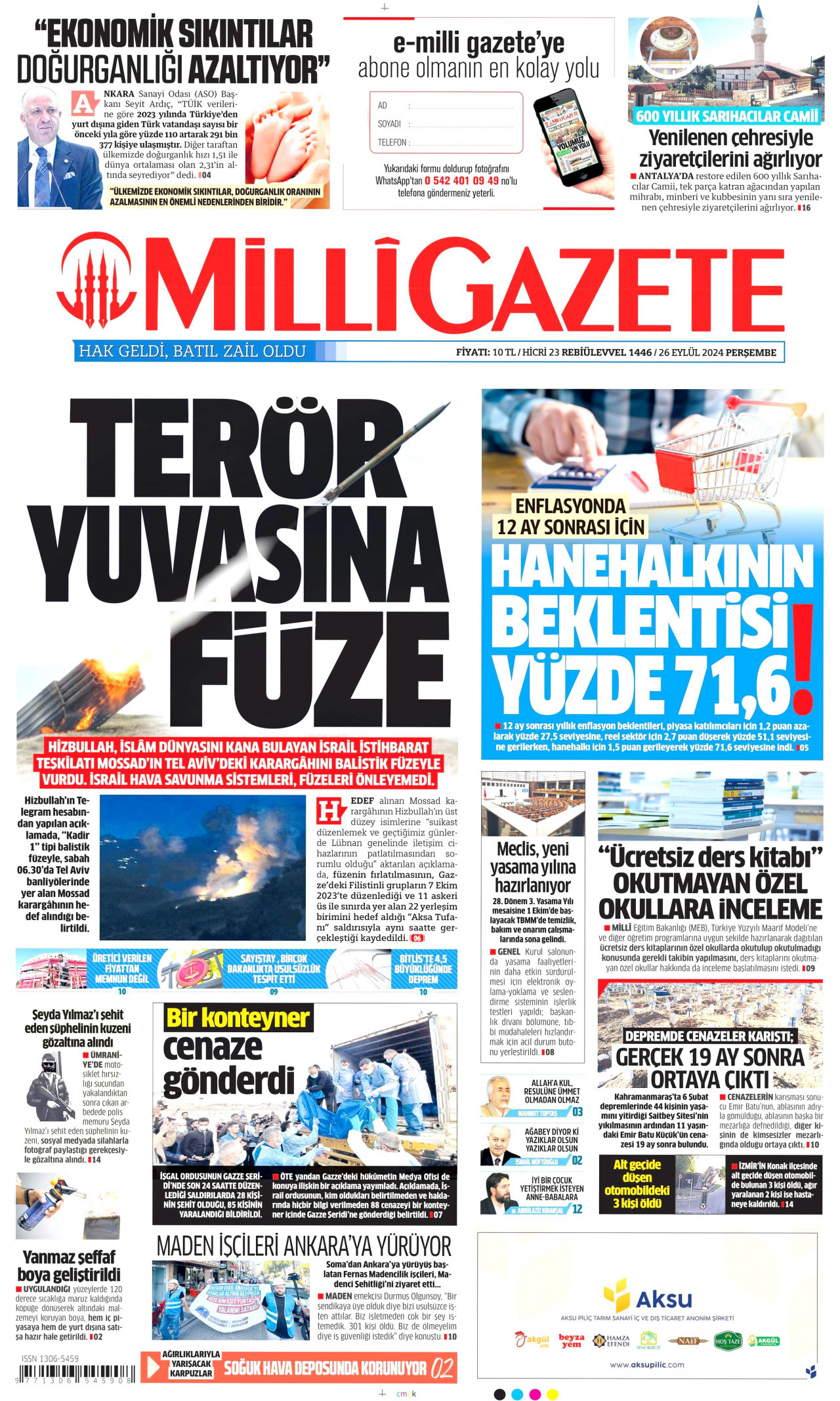 MİLLİ GAZETE gazetesinin 26 Eylül 2024 tarihli birinci sayfası