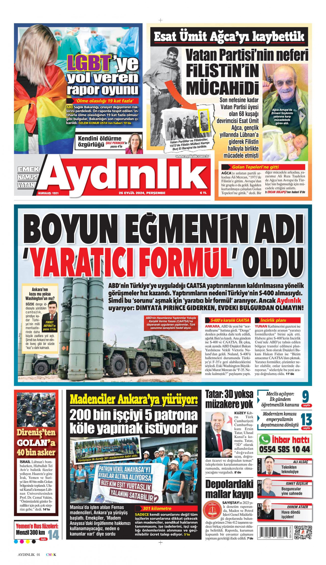 AYDINLIK GAZETESİ gazetesinin 26 Eylül 2024 tarihli birinci sayfası