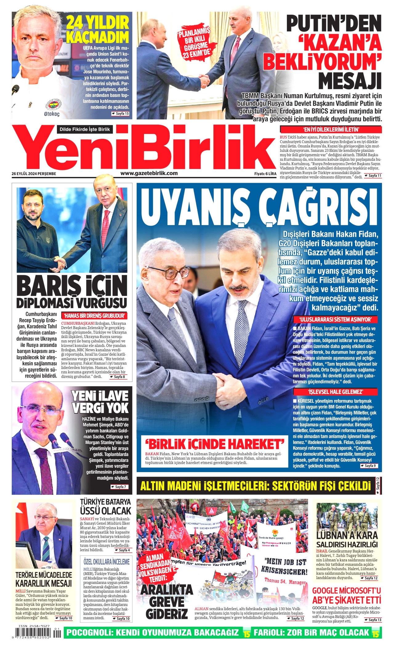 YENİBİRLİK gazetesinin 26 Eylül 2024 tarihli birinci sayfası