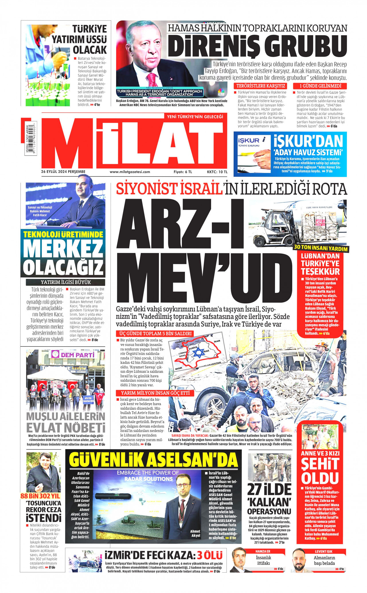 MİLAT gazetesinin 26 Eylül 2024 tarihli birinci sayfası