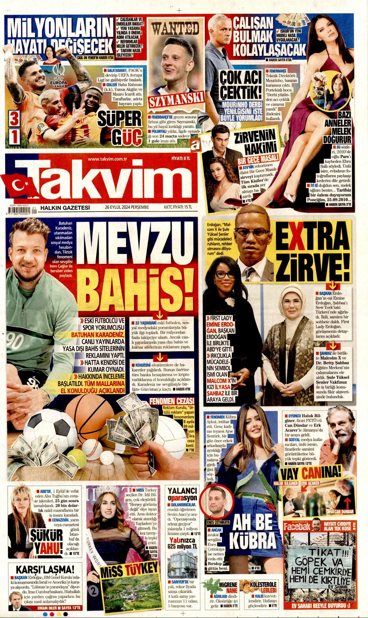 TAKVİM gazetesinin 26 Eylül 2024 tarihli birinci sayfası