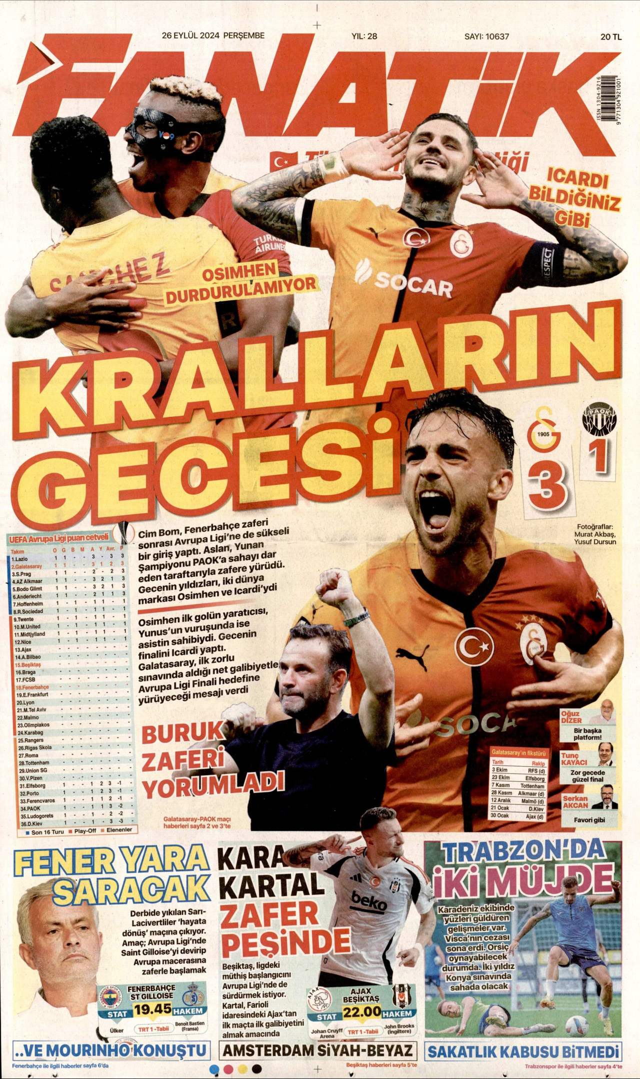 FANATİK gazetesinin 26 Eylül 2024 tarihli birinci sayfası
