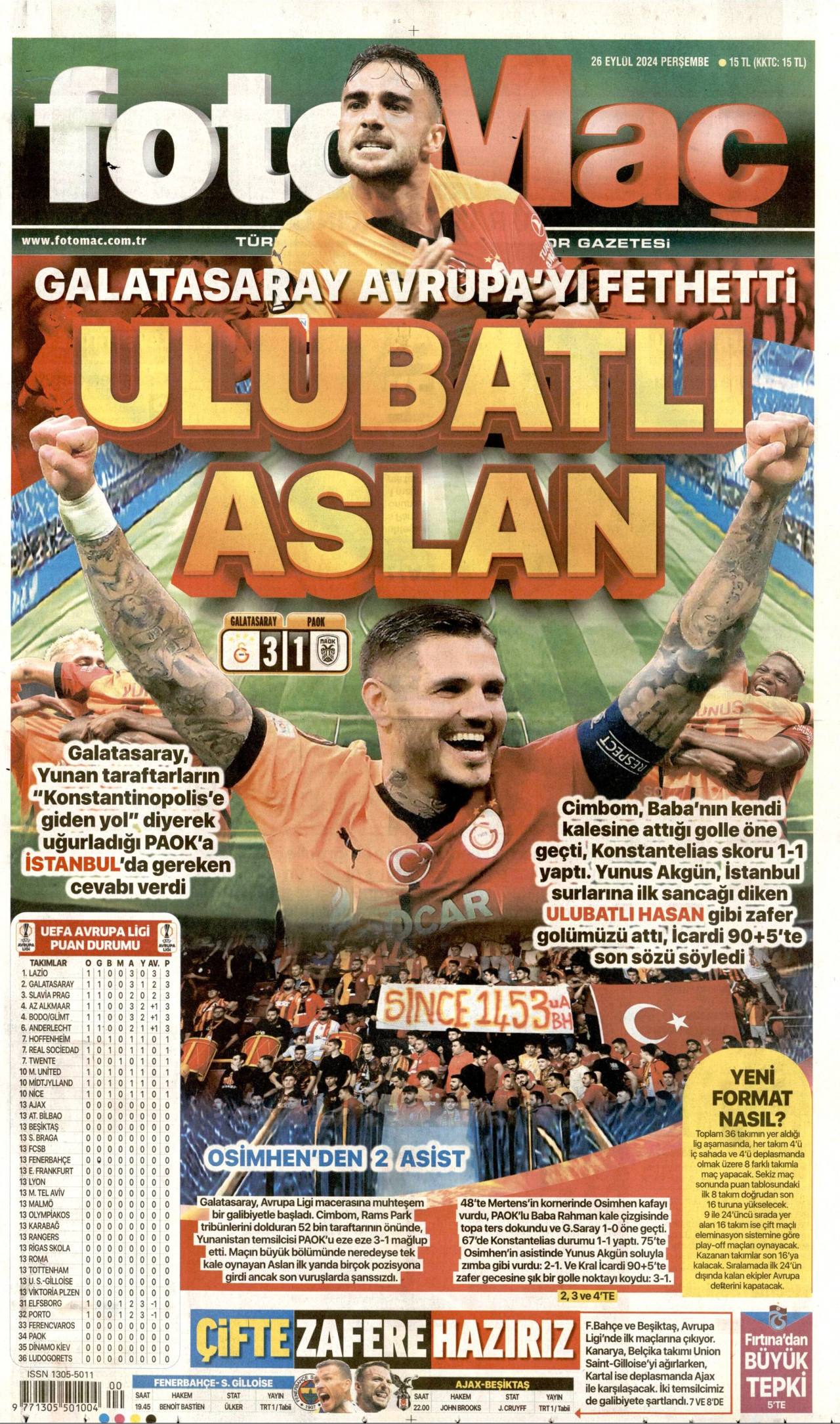 FOTOMAÇ gazetesinin 26 Eylül 2024 tarihli birinci sayfası