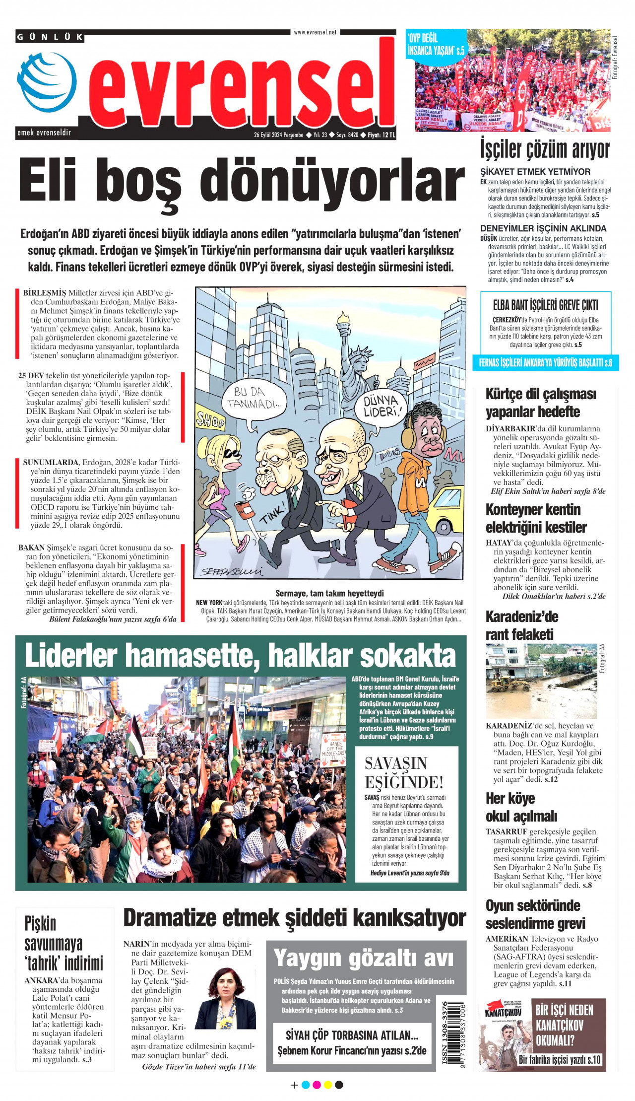 EVRENSEL gazetesinin 26 Eylül 2024 tarihli birinci sayfası