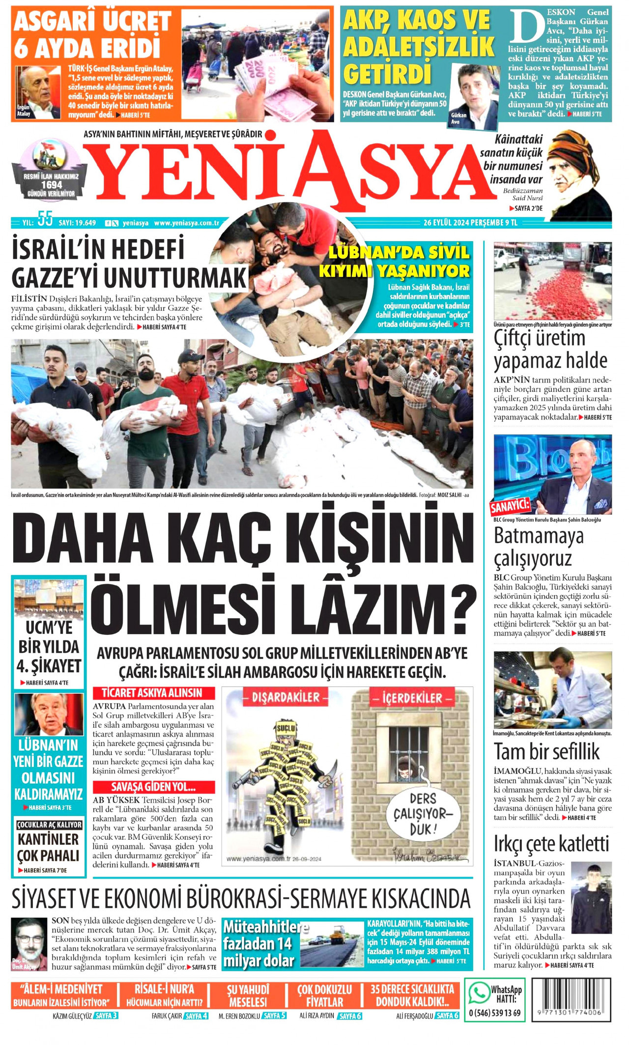 YENİ ASYA gazetesinin 26 Eylül 2024 tarihli birinci sayfası