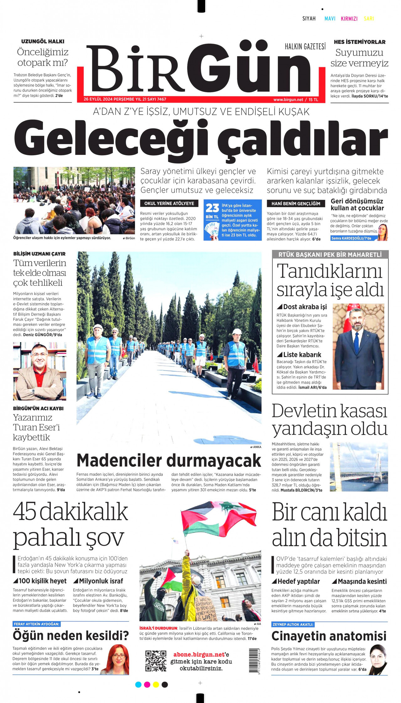 BİRGÜN gazetesinin 26 Eylül 2024 tarihli birinci sayfası