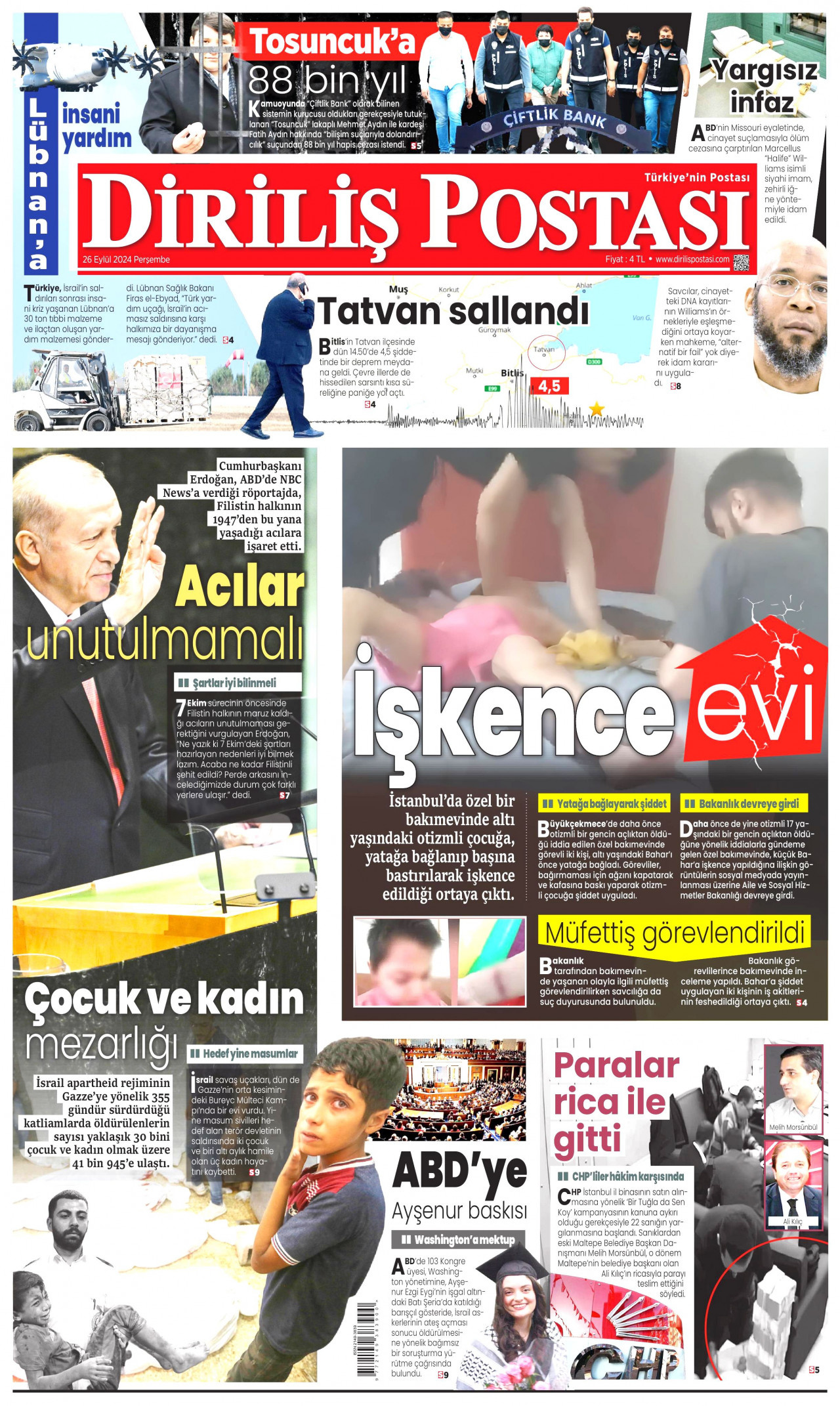 DİRİLİŞ POSTASI gazetesinin 26 Eylül 2024 tarihli birinci sayfası