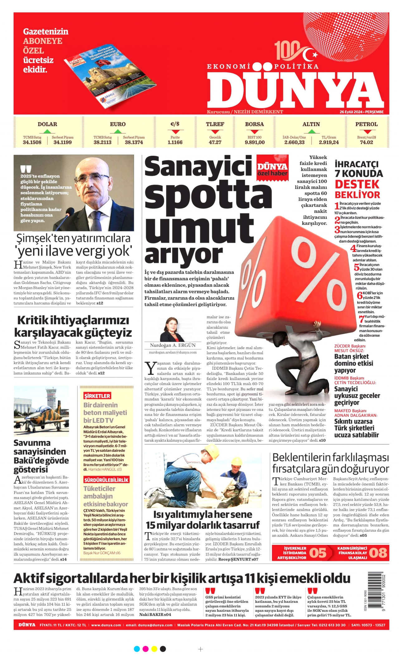 DÜNYA gazetesinin 26 Eylül 2024 tarihli birinci sayfası