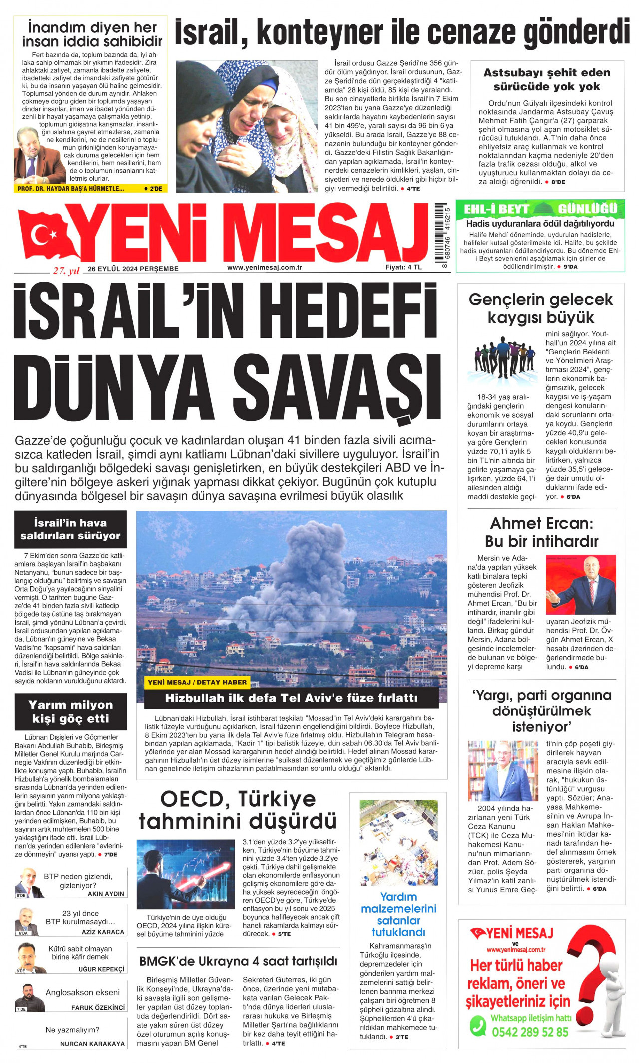 YENİ MESAJ gazetesinin 26 Eylül 2024 tarihli birinci sayfası