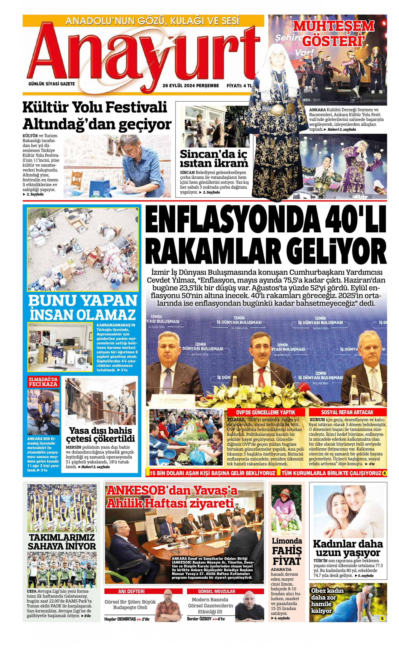ANAYURT gazetesinin 26 Eylül 2024 tarihli birinci sayfası