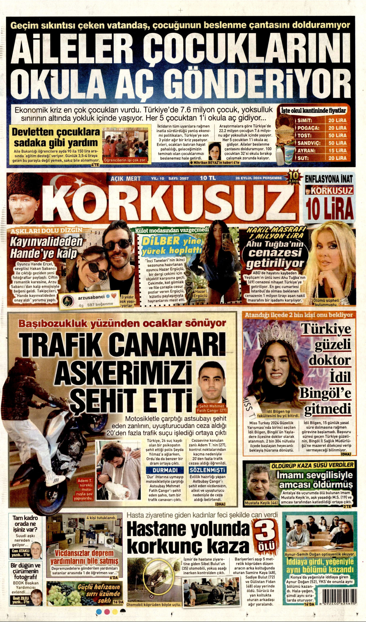 KORKUSUZ gazetesinin 26 Eylül 2024 tarihli birinci sayfası