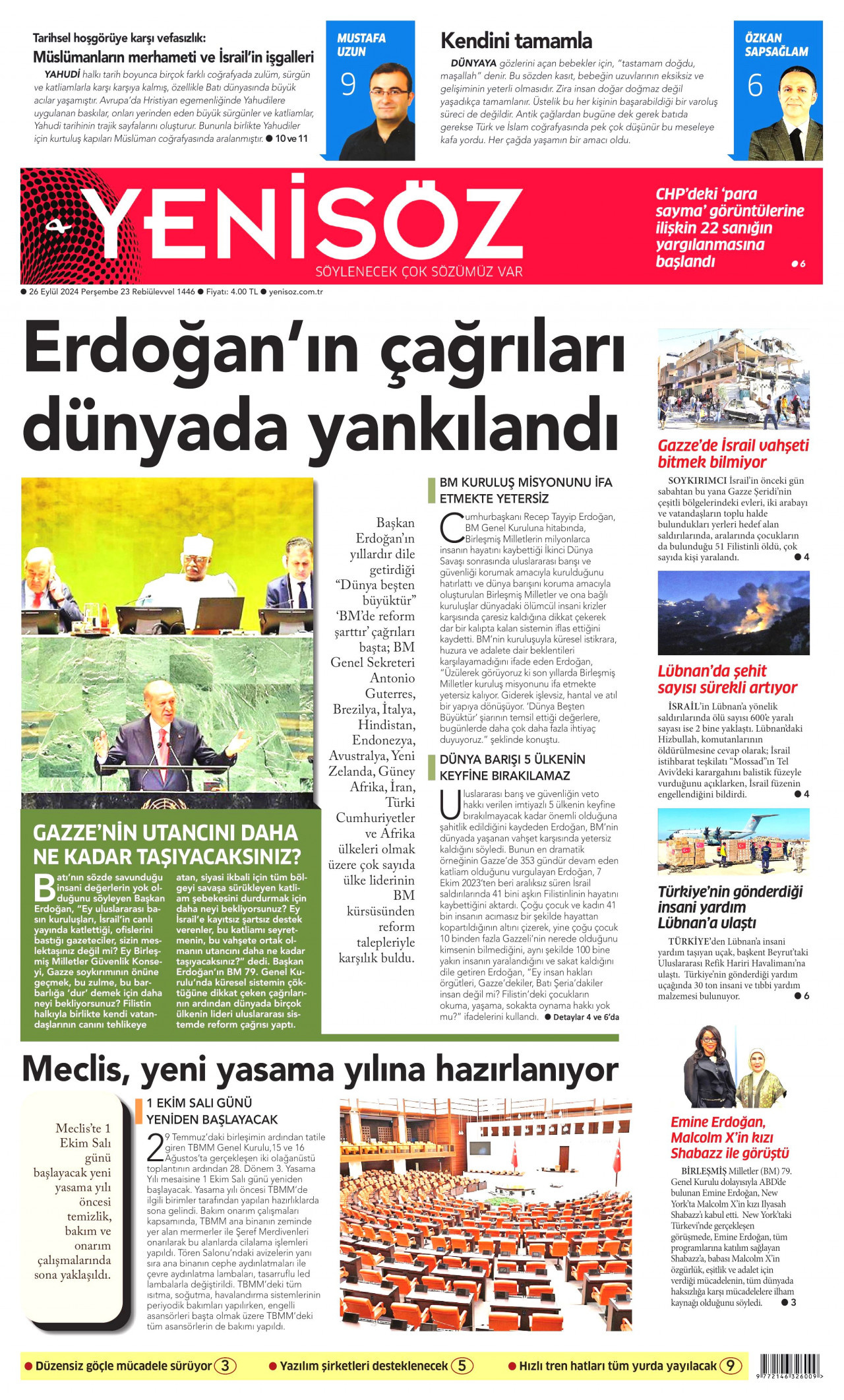 YENİ SÖZ GAZETESİ gazetesinin 26 Eylül 2024 tarihli birinci sayfası