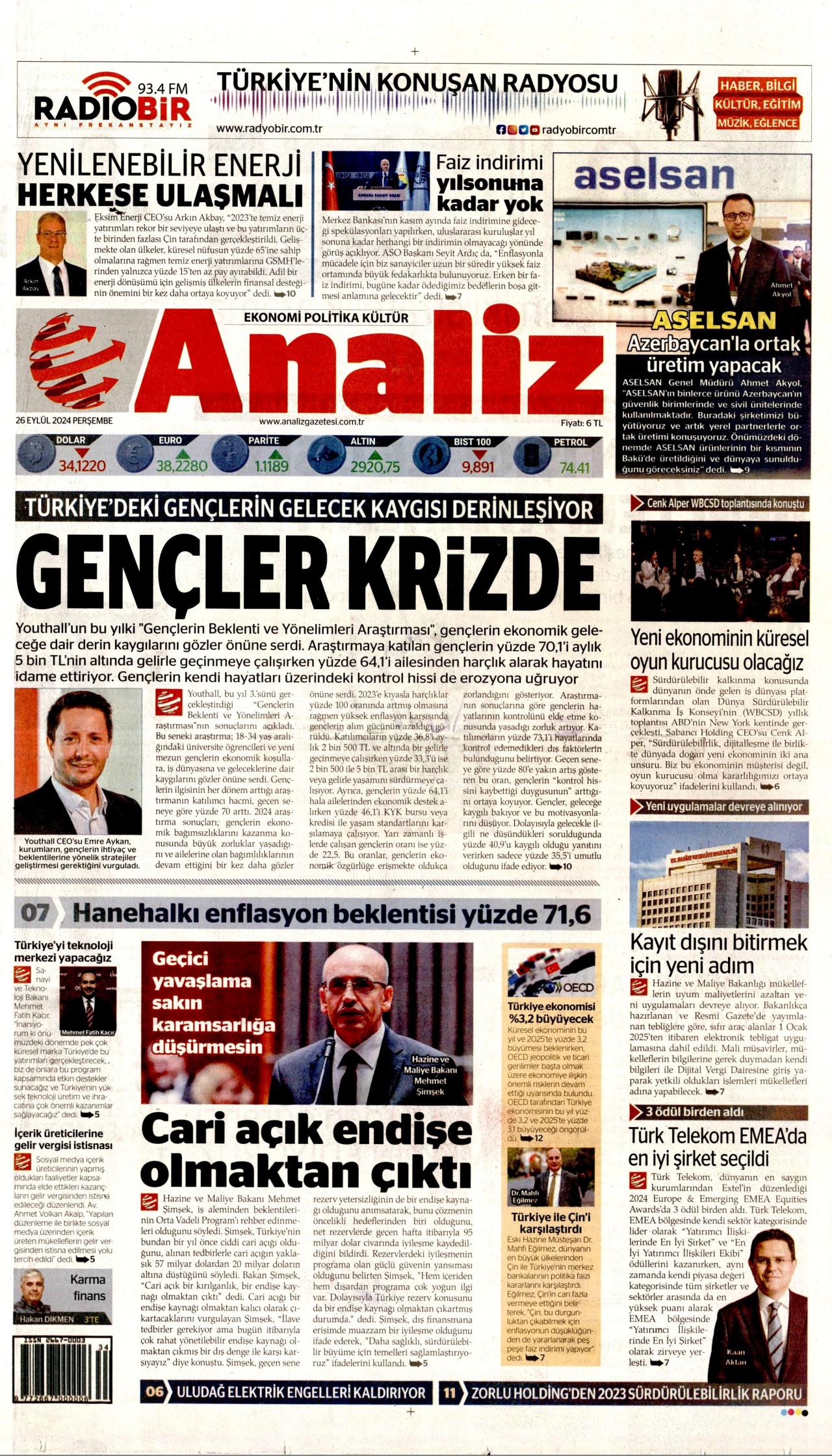 ANALİZ gazetesinin 26 Eylül 2024 tarihli birinci sayfası