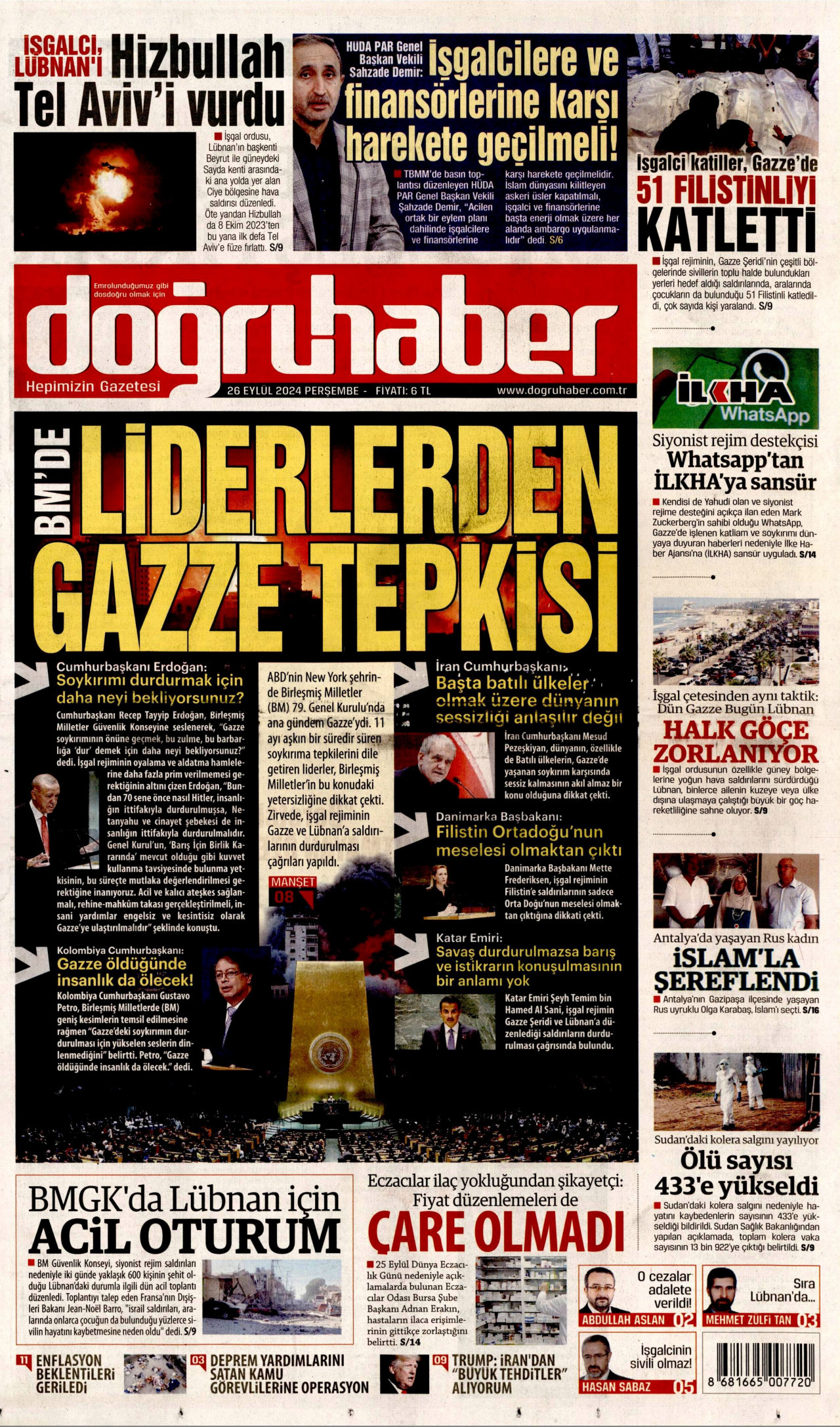 DOĞRU HABER gazetesinin 26 Eylül 2024 tarihli birinci sayfası