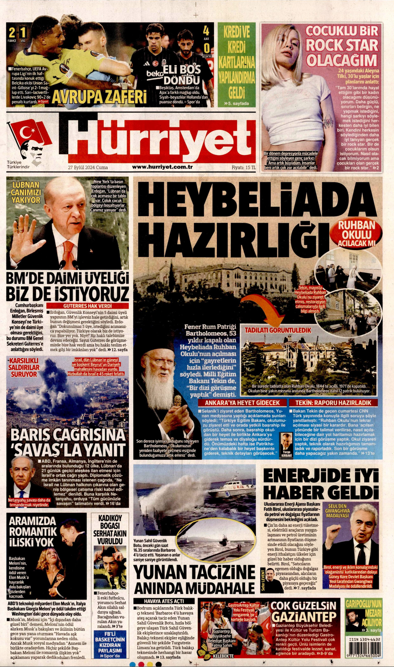 HÜRRİYET gazetesinin 27 Eylül 2024 tarihli birinci sayfası