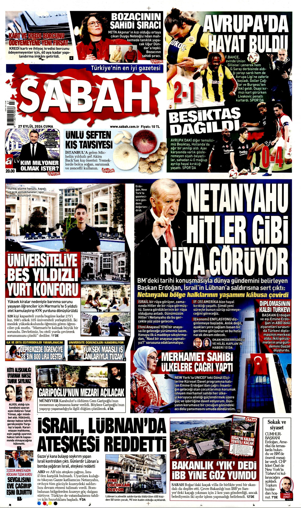 SABAH gazetesinin 27 Eylül 2024 tarihli birinci sayfası