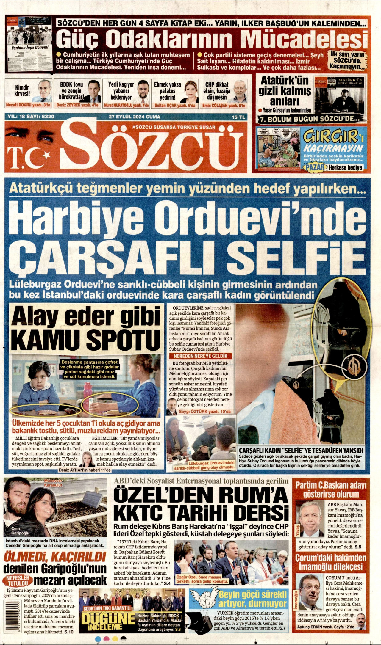 SÖZCÜ gazetesinin 27 Eylül 2024 tarihli birinci sayfası
