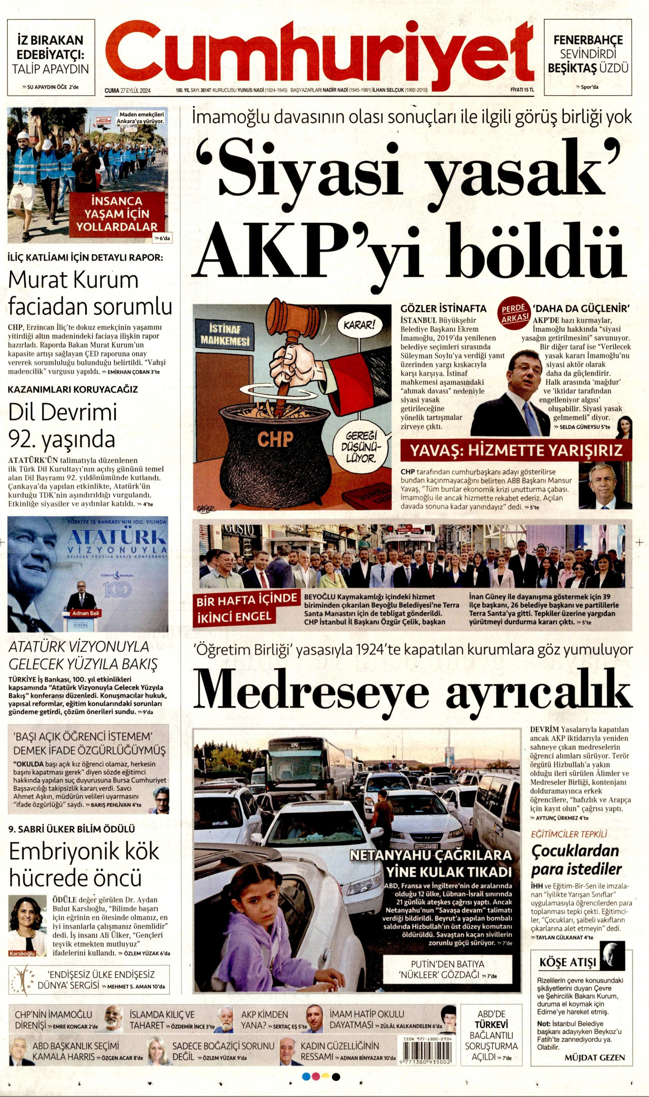 CUMHURİYET gazetesinin 27 Eylül 2024 tarihli birinci sayfası