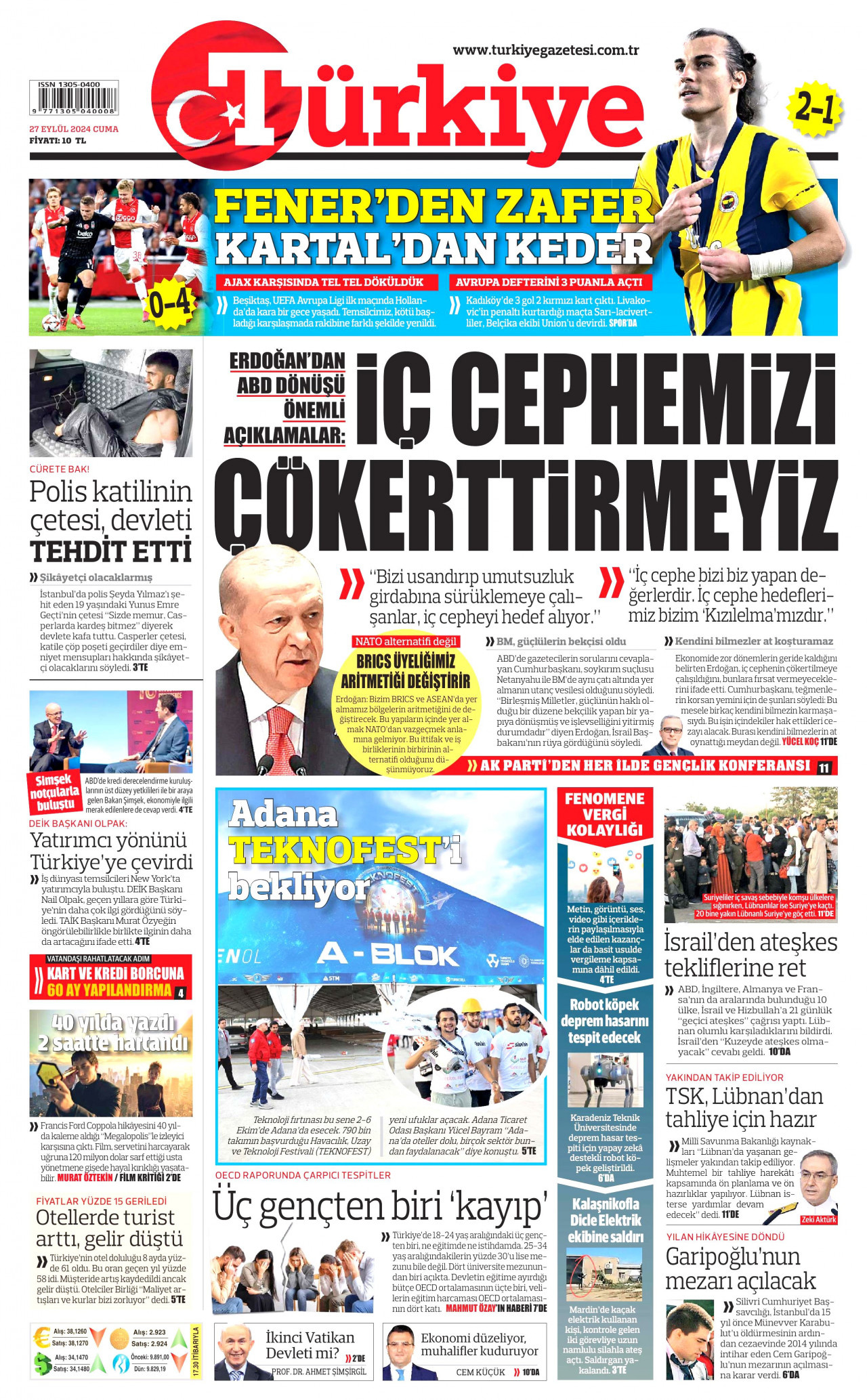TÜRKİYE GAZETESİ gazetesinin 27 Eylül 2024 tarihli birinci sayfası