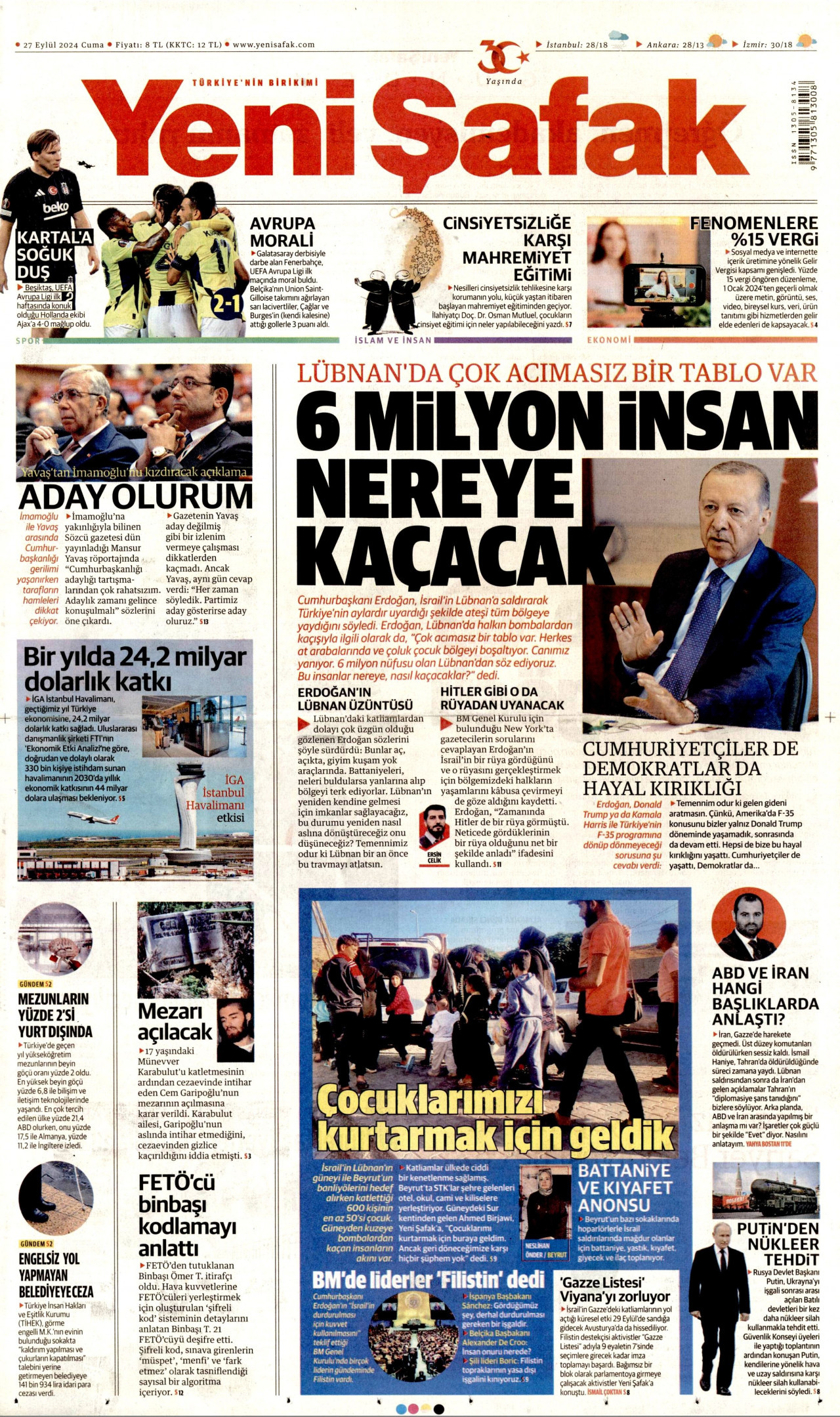 YENİ ŞAFAK gazetesinin 27 Eylül 2024 tarihli birinci sayfası