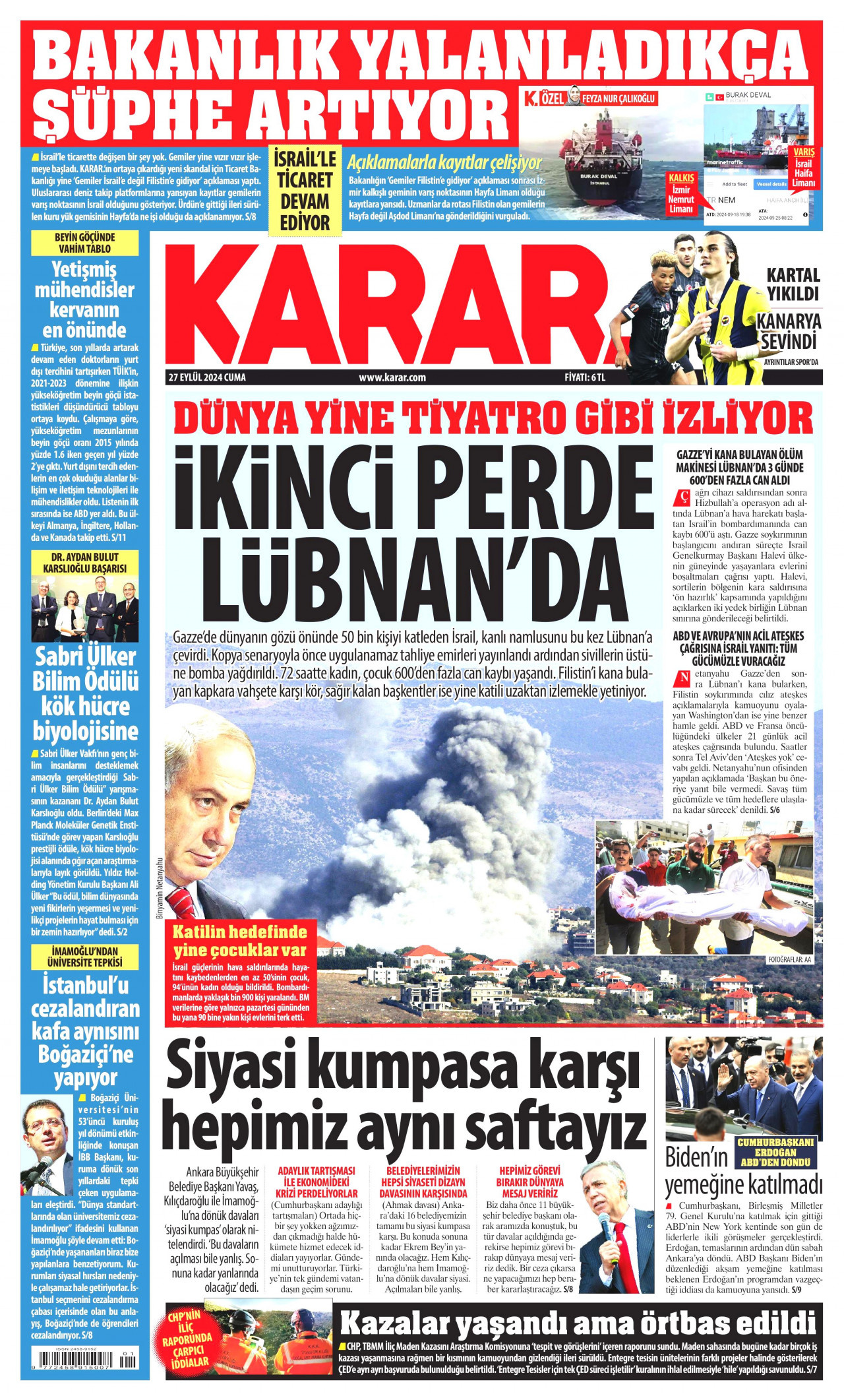 KARAR gazetesinin 27 Eylül 2024 tarihli birinci sayfası