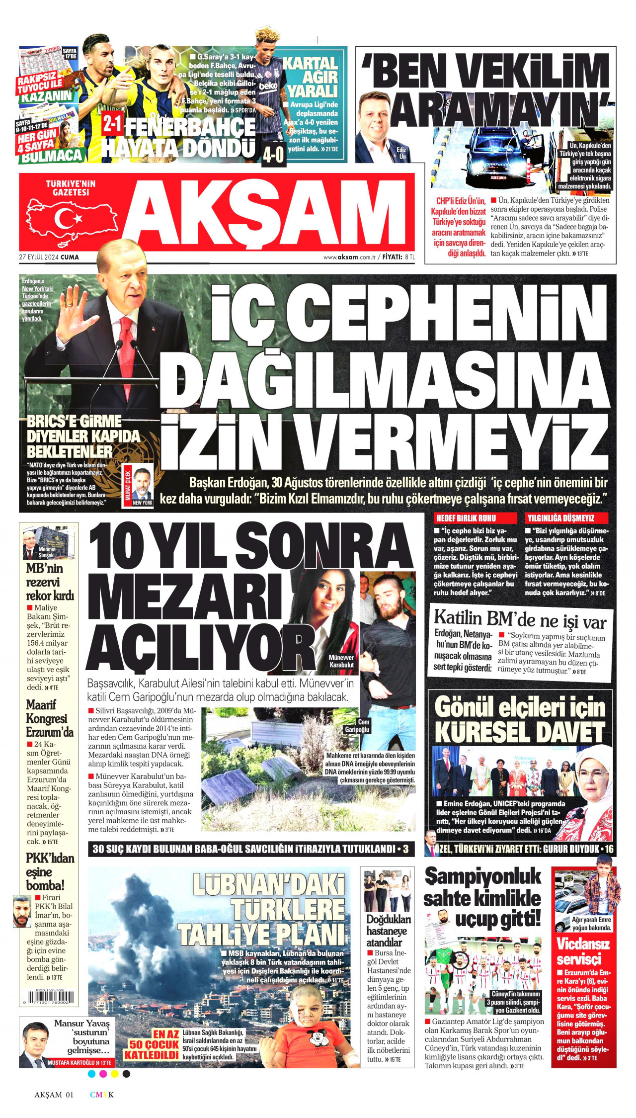 AKŞAM gazetesinin 27 Eylül 2024 tarihli birinci sayfası